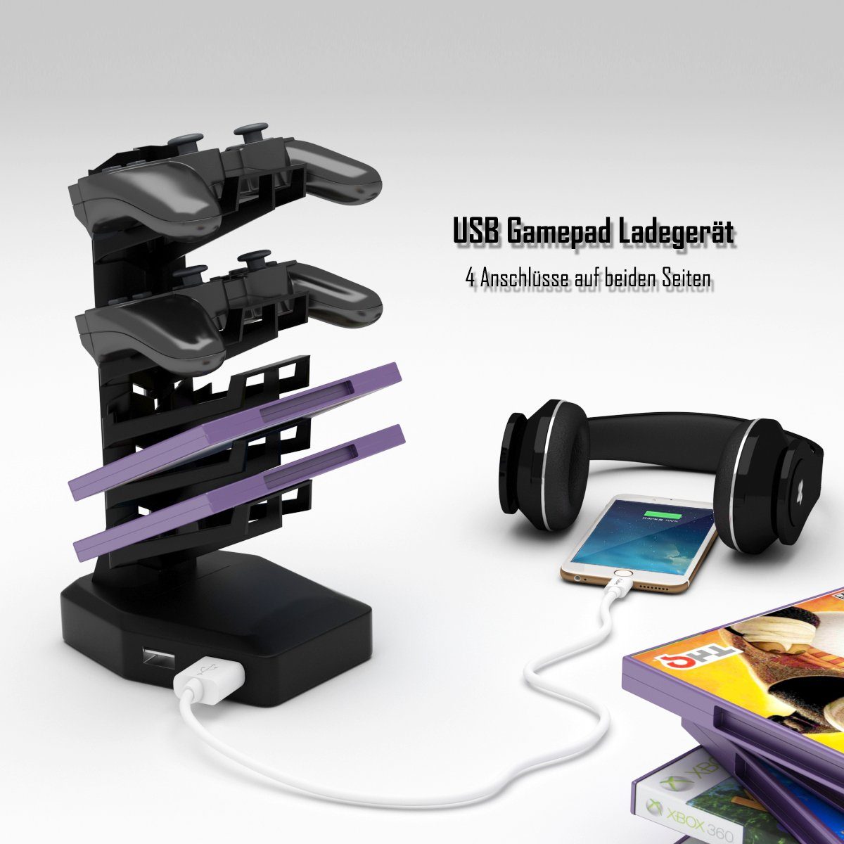COSTWAY Gamingtisch, RGB-Led, USB, 120cm 4 Z-förmig Controller-Halterung mit