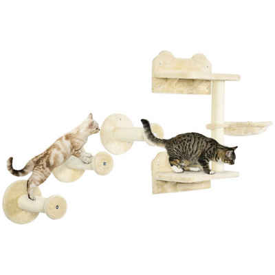 PawHut Katzen-Kletterwand Katzen Kletterwand, 4-teilig, Katzentreppe, Sisal, Beige+Cremeweiß, mit Hängematte, 40 x 28 x 73cm