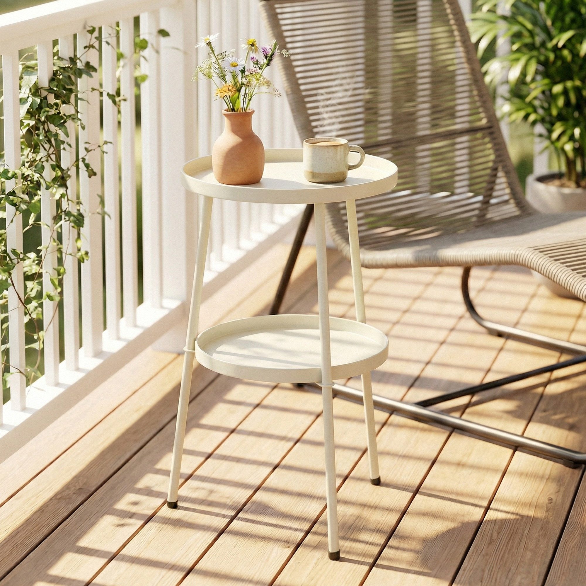 Outsunny Beistelltisch Outdoor Esstisch Campingtisch Beistelltisch (36 cm Gartentisch, 1-St., rund Balkontisch), aus Metall für Garten Terrasse Balkon Cremeweiß