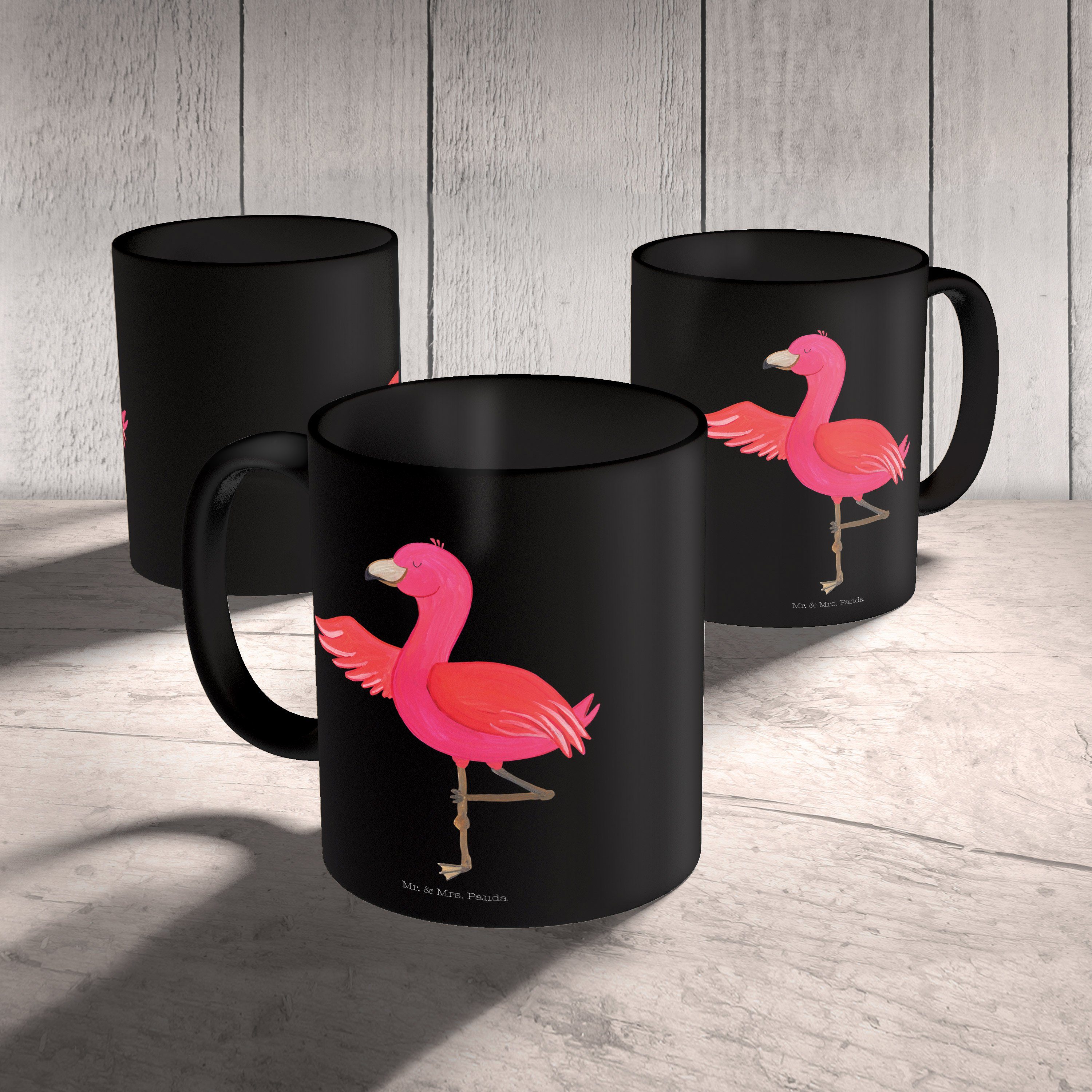Tasse Schwarz Mrs. Mr. Flamingo Kaffeetasse, Rosa, Schwarz - Panda Motive, & Keramik Yoga - Geschenk, Tasse