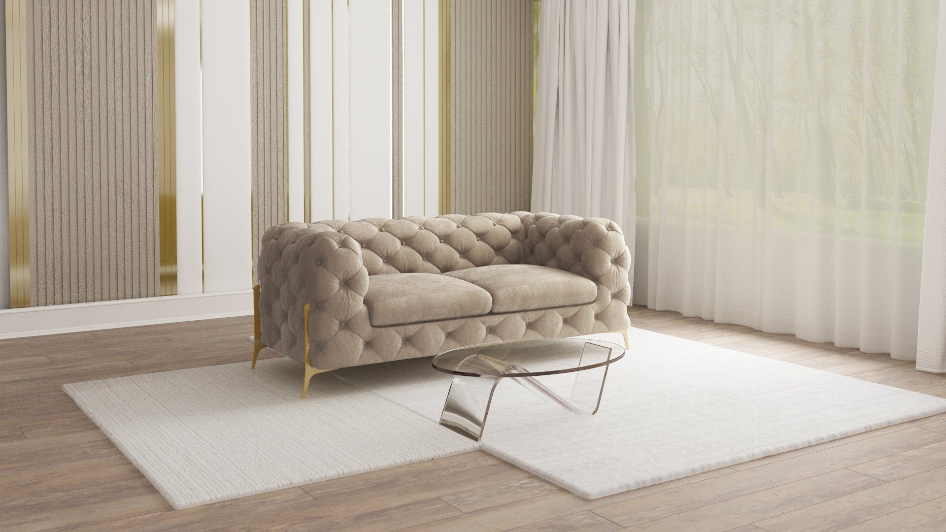 S-Style Мебель 2-Sitzer Ashley Chesterfield Sofa mit Goldene Metall Füßen, mit Wellenfederung