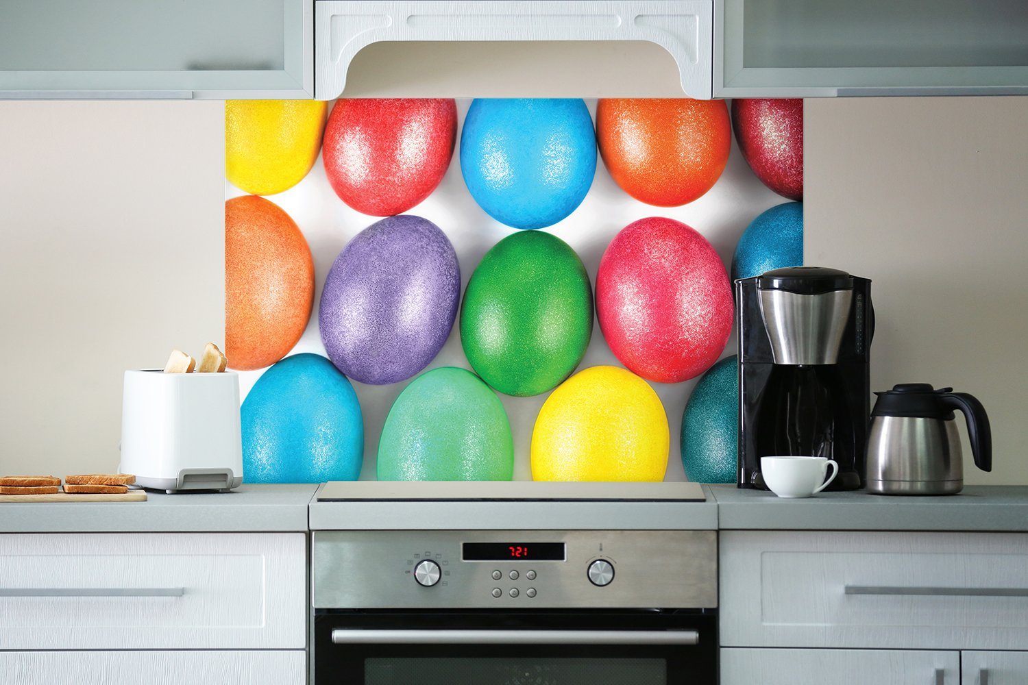 Küchenrückwand Oster-Eier kräftigen Bunte mit Wallario Farben, in Nahaufnahme (1-tlg)