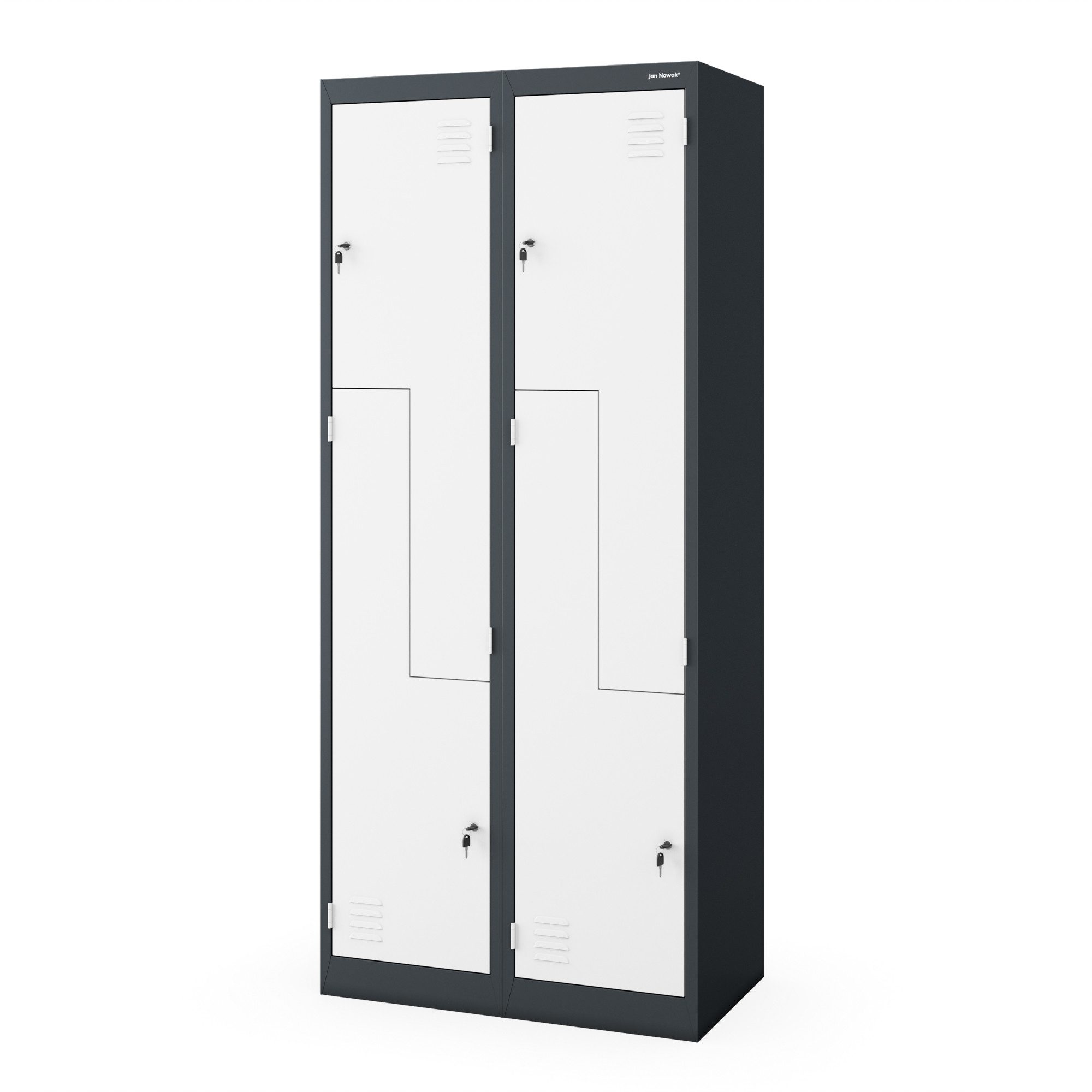 Jan Nowak Mehrzweckschrank Metall Kleiderspind 80 cm JULIA L-Form 4 Fächer abschließbar (0,6 mm 185 x 80 x 45 cm Lüftungsschlitze Wandmontage PZH) Garderobenschrank Stahl Schloss je Fach 185 cm hoch 5 Farben