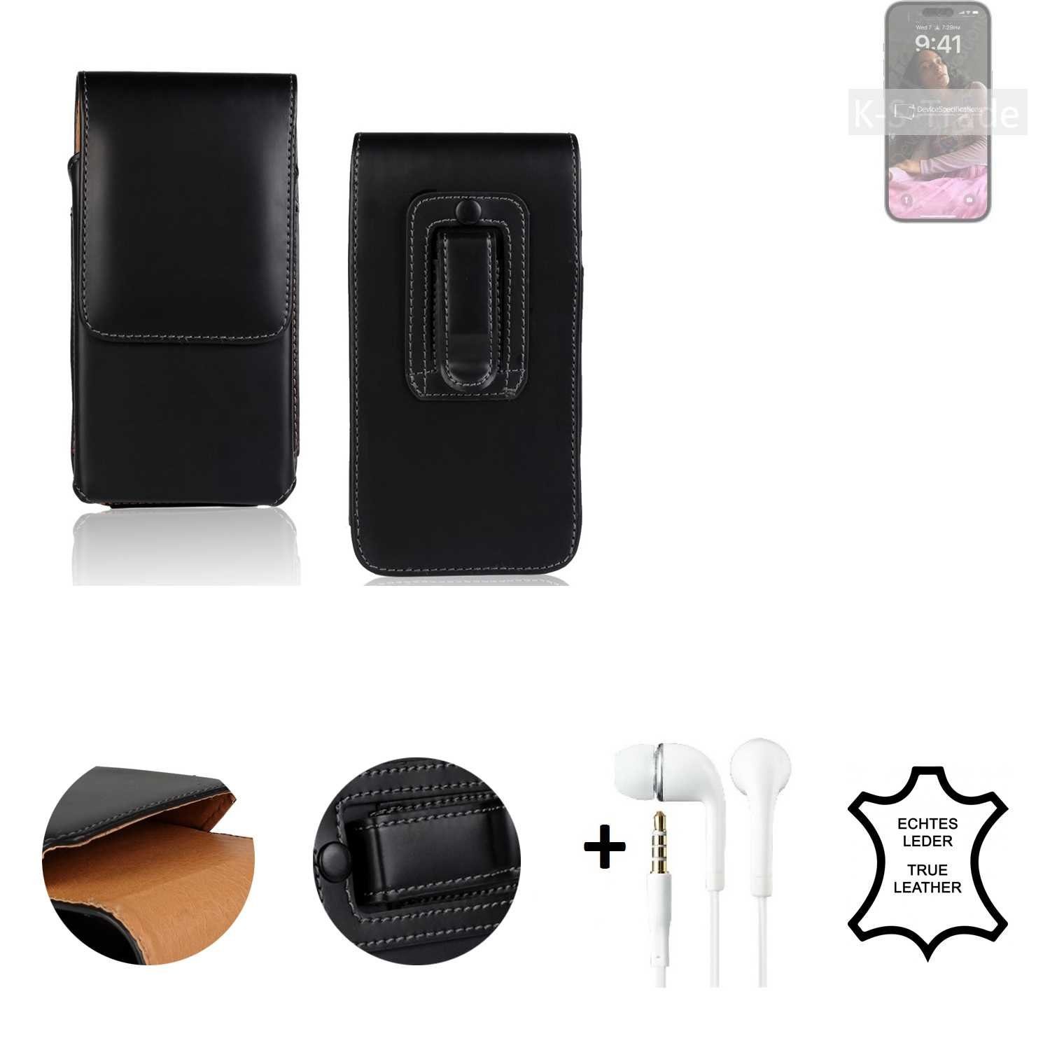 K-S-Trade Handyhülle für Apple iPhone 14 Pro Max, Leder Gürteltasche + Kopfhörer Seitentasche Belt pouch Holster