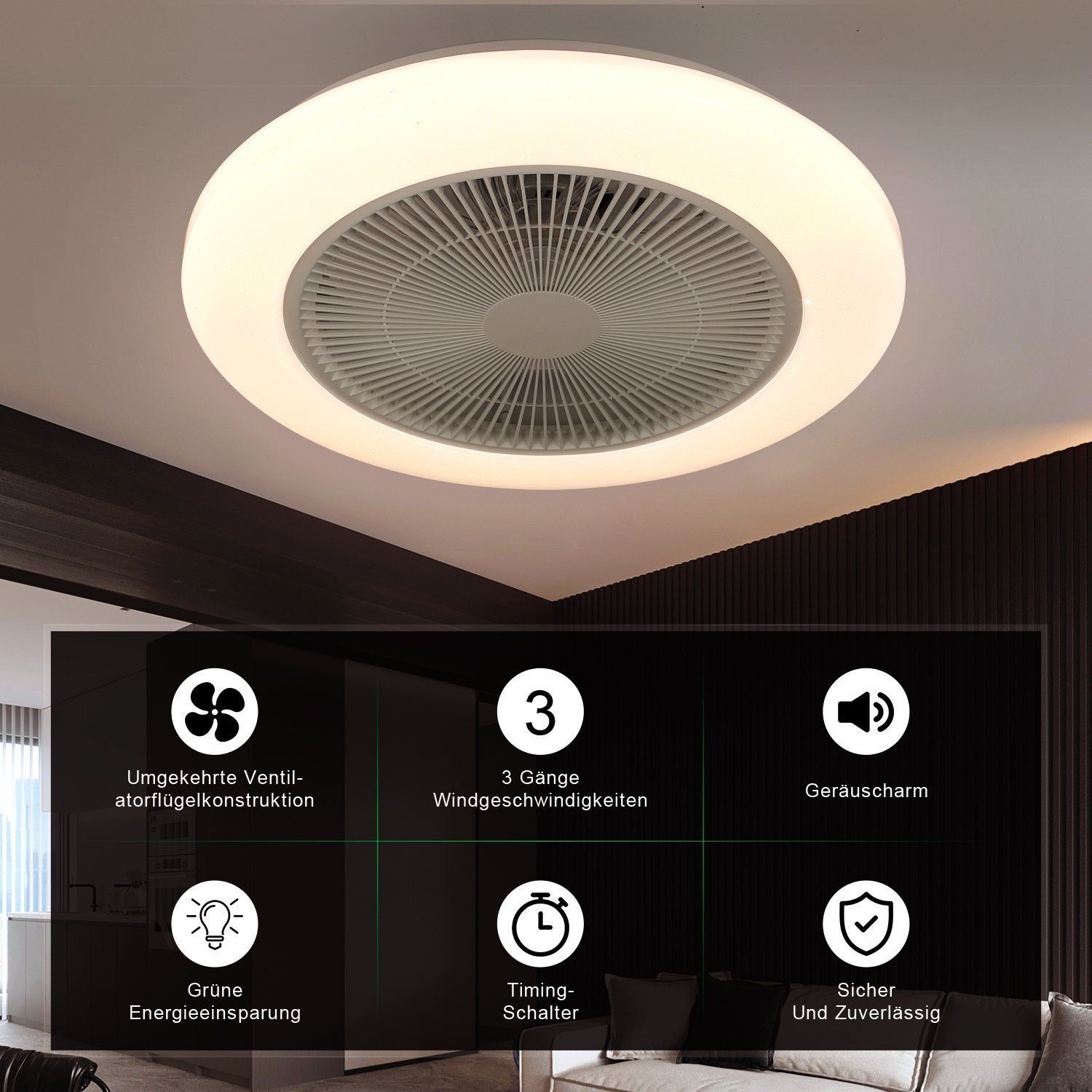 LETGOSPT Deckenleuchte Deckenventilator mit Beleuchtung 60W Dimmbar mit Fernbedienung, Ø50 cm, LED fest integriert, RGB Farbwechsel, Kaltweiß, Neutralweiß, Warmweiß, mit Bluetooth,Schlafzimmer Leise Ventilator für Wohnzimmer Küche Hotel