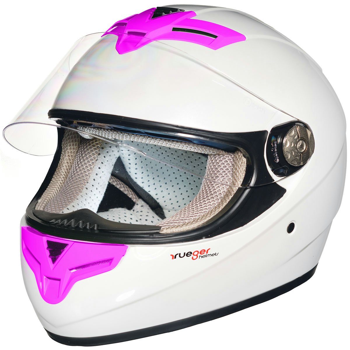 rueger-helmets Motorradhelm rueger Integralhelm Motorradhelm Kinder Motorrad Integral Bobber Sturz Helm PinlockRT-823 Weiß/Pink L