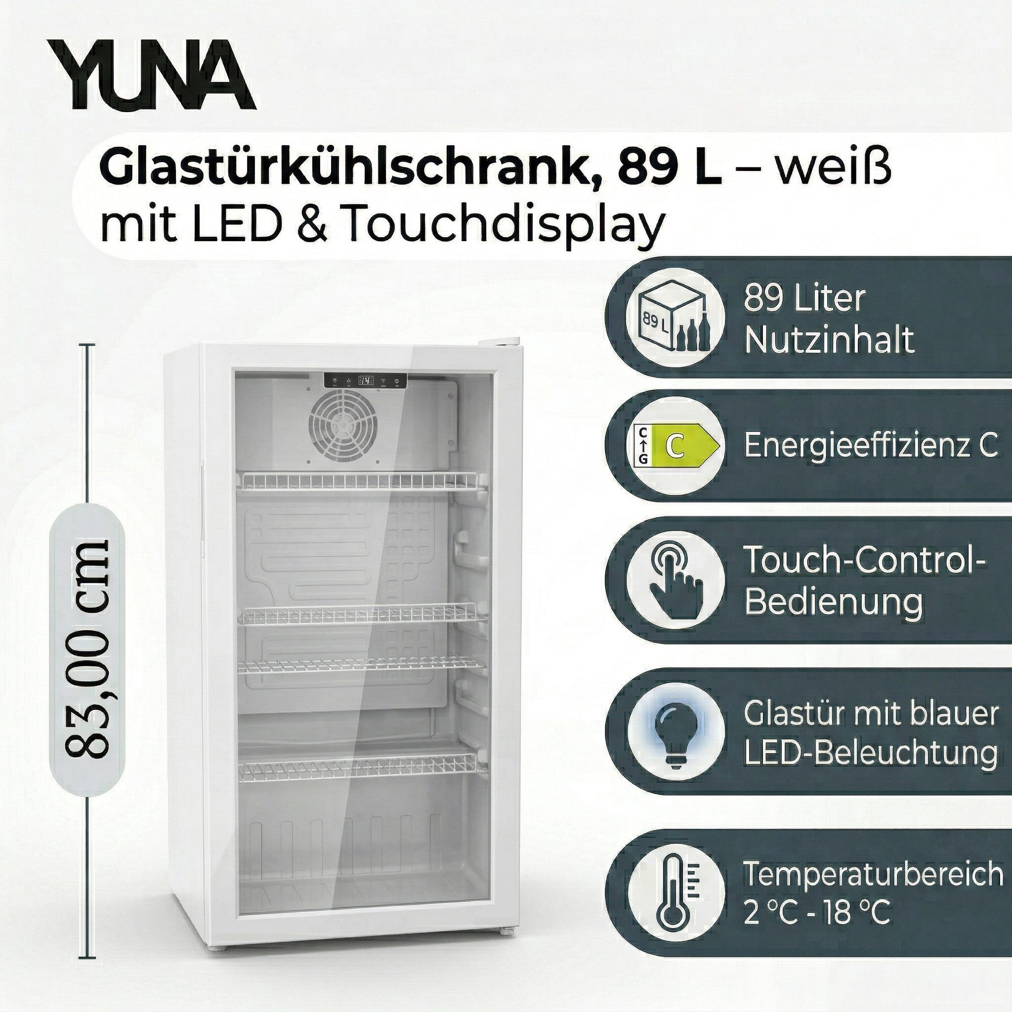 YUNA Getränkekühlschrank Cool-View GKS90, 83 cm hoch, 44.50 cm breit