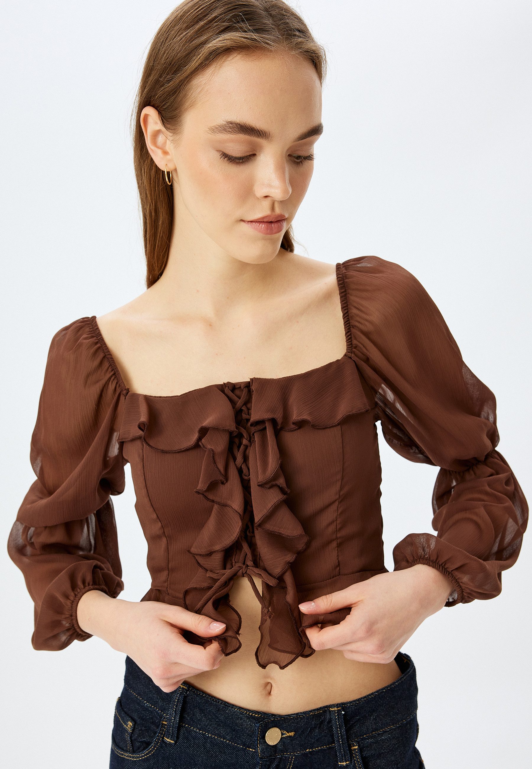 Koton Rüschenbluse Langärmelig U-Kragen Rüschenbluse