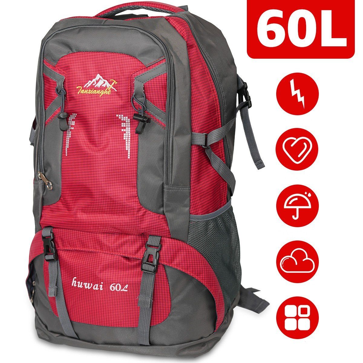 Trekkingrucksack Wanderrucksack, Unisex, Trekking-Rucksack Camping, 7Magic für Reiserucksack Hochtourenrucksack XXL Wasserdicht Rot 60L