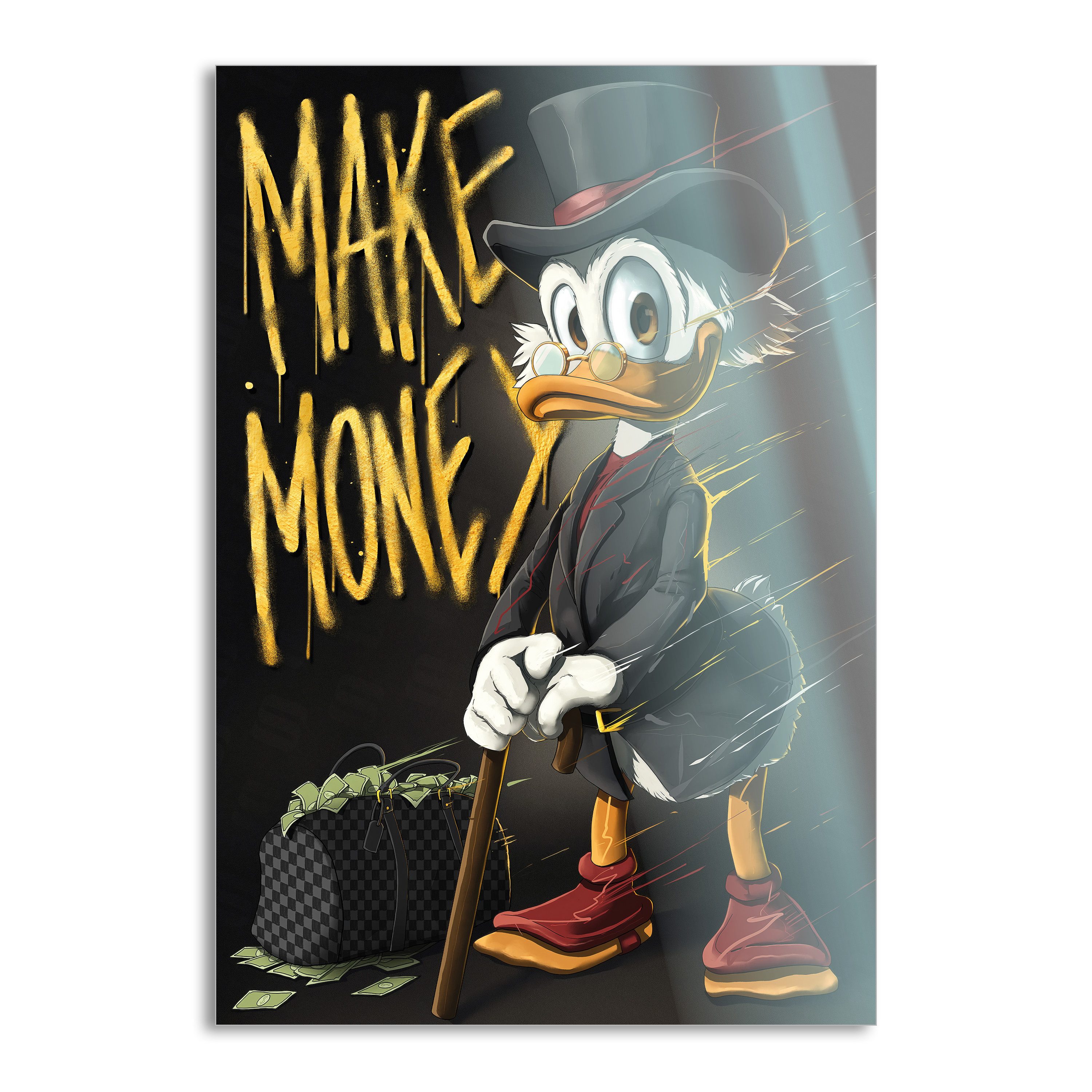 SimpleCanvas Wandbild Make Money Dagobert - Leinwandbild Pop Art / Motivation, Wandbild Dagobert Duck, Geld, Luxuriös