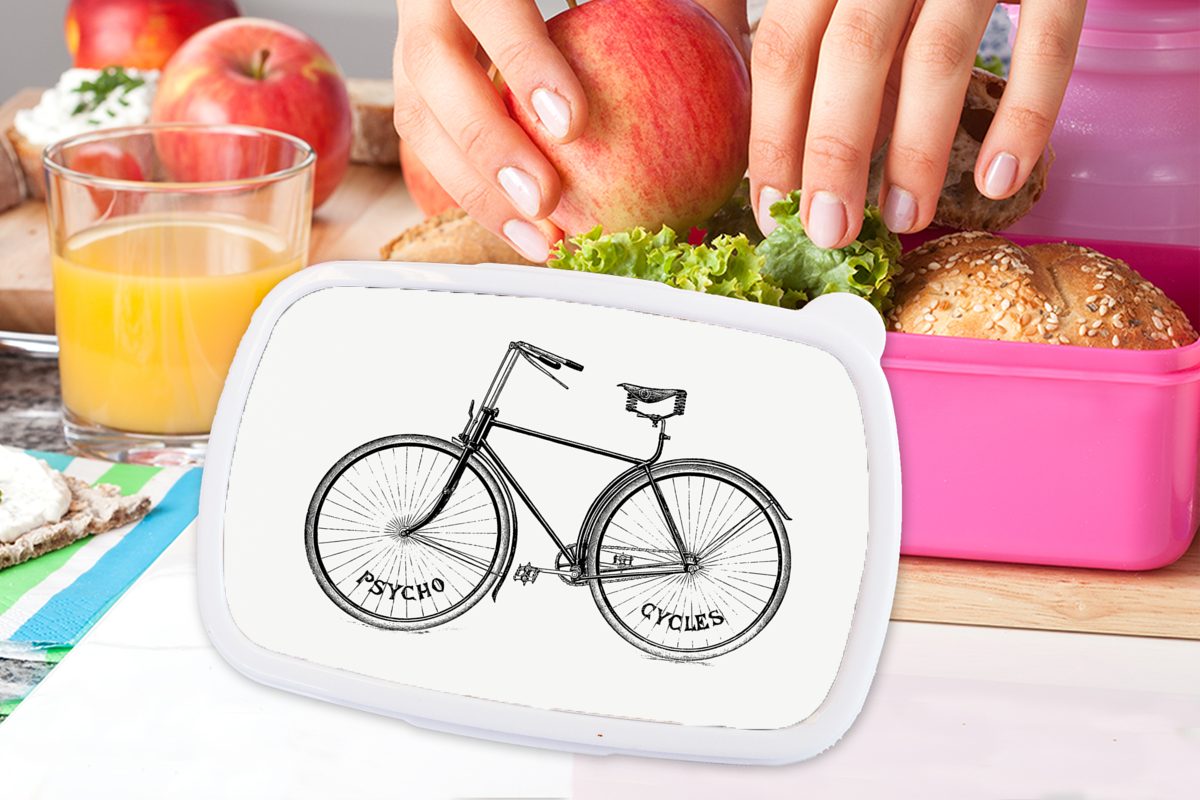 Erwachsene, Fahrrad für Lunchbox Brotbox Mädchen, - rosa Snackbox, Kinder, - Sattel, Brotdose MuchoWow Kunststoff, (2-tlg), Kunststoff Retro