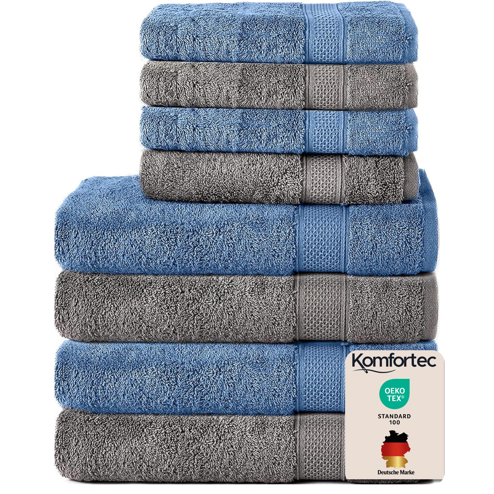 Komfortec Handtuch Set aus 100% Baumwolle, Anthrazit&Hellblau