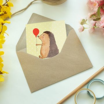 Mr. & Mrs. Panda Grußkarte Igel Luftballon - Gelb Pastell - Geschenk, Geburtstagskarte, Gute Lau, Hochglänzende Veredelung