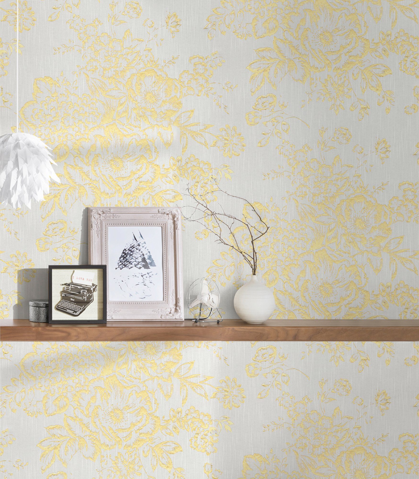 Barocktapete Architects matt, Textiltapete Blumen Paper floral, gold/weiß glänzend, Metallic samtig, Tapete Silk,
