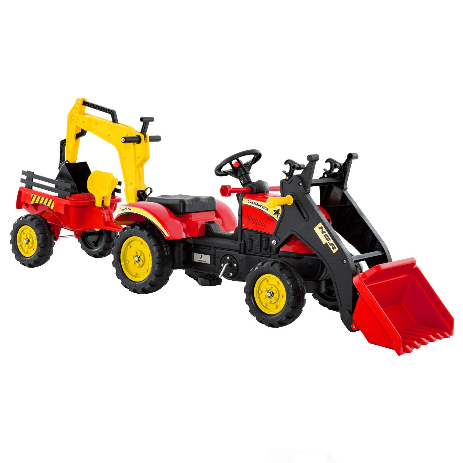 COSTWAY Trettraktor Bagger, mit Abnehmbarer Anhänger & Grabschaufel