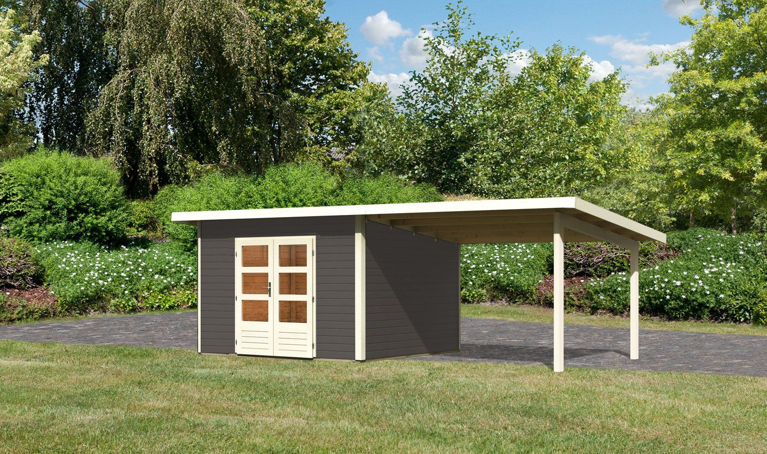 Karibu Gartenhaus Karibu Gartenhaus Northeim, 38 mm, 664 x 332 cm, Typ 3, terragrau, inkl. 3,3 m Anbaudach