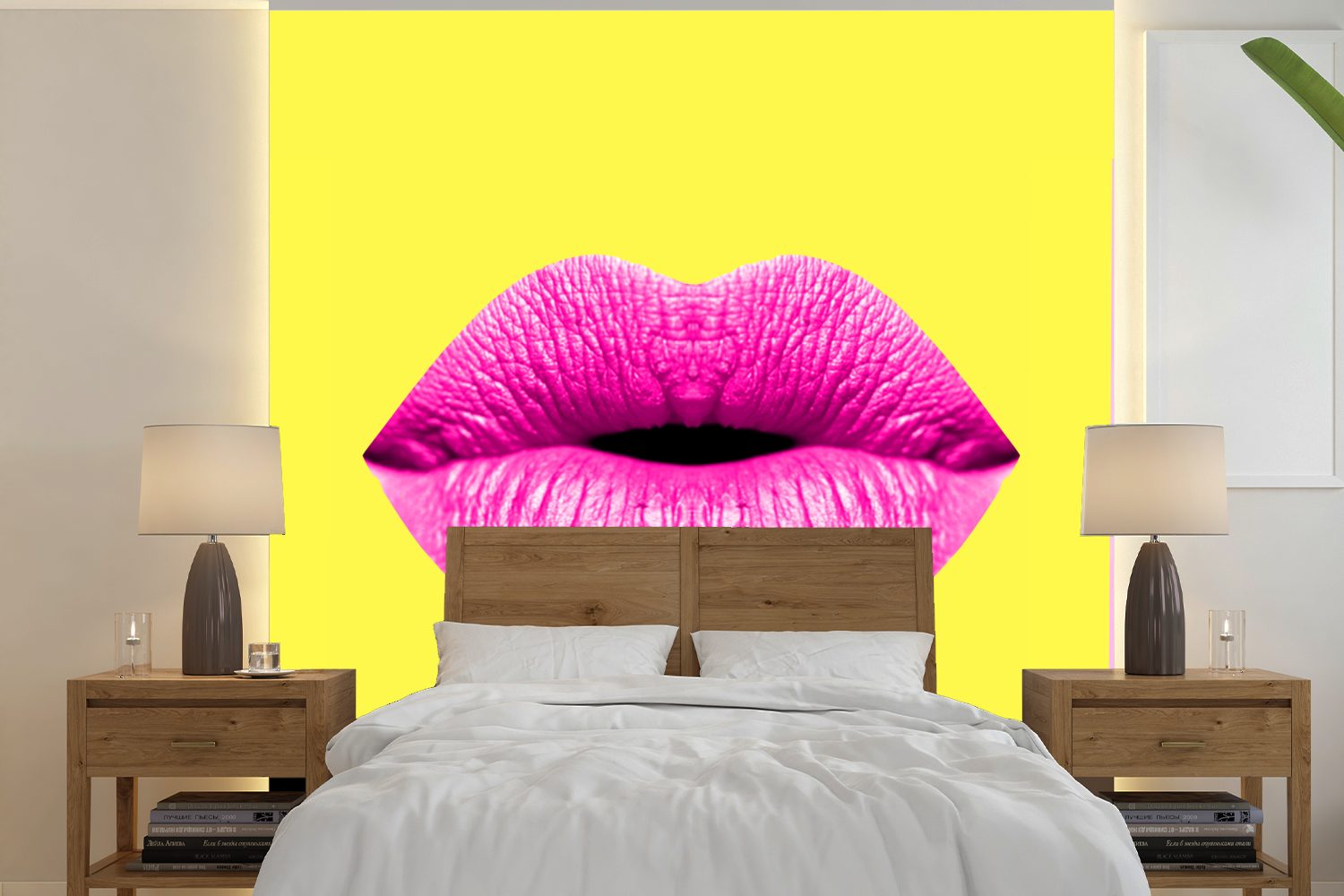 Fototapete - Tapete Rosa Lippen Wohnzimmer bedruckt, Vinyl - oder Schlafzimmer, Gelb, Matt, für (5 MuchoWow Wandtapete St),