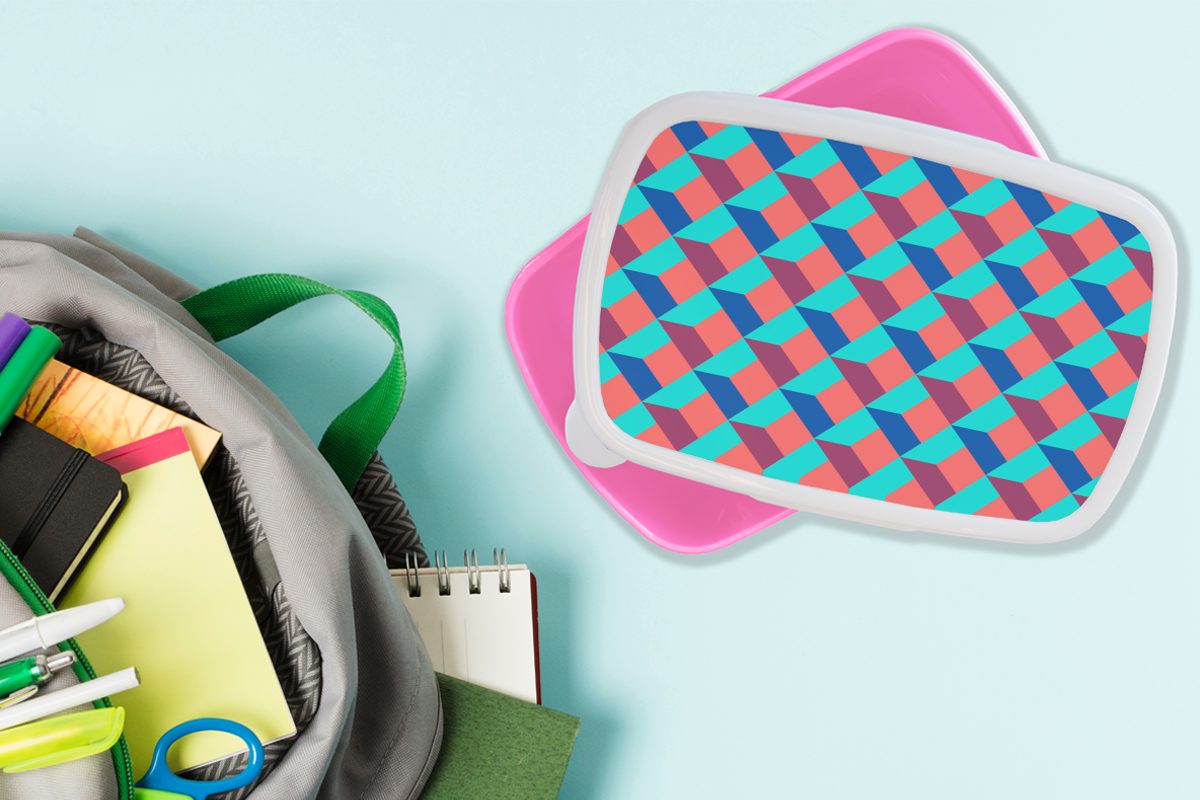 3D, MuchoWow für Brotdose Snackbox, - Kunststoff (2-tlg), - Brotbox Kinder, rosa Muster Blöcke Erwachsene, Mädchen, Kunststoff, Lunchbox