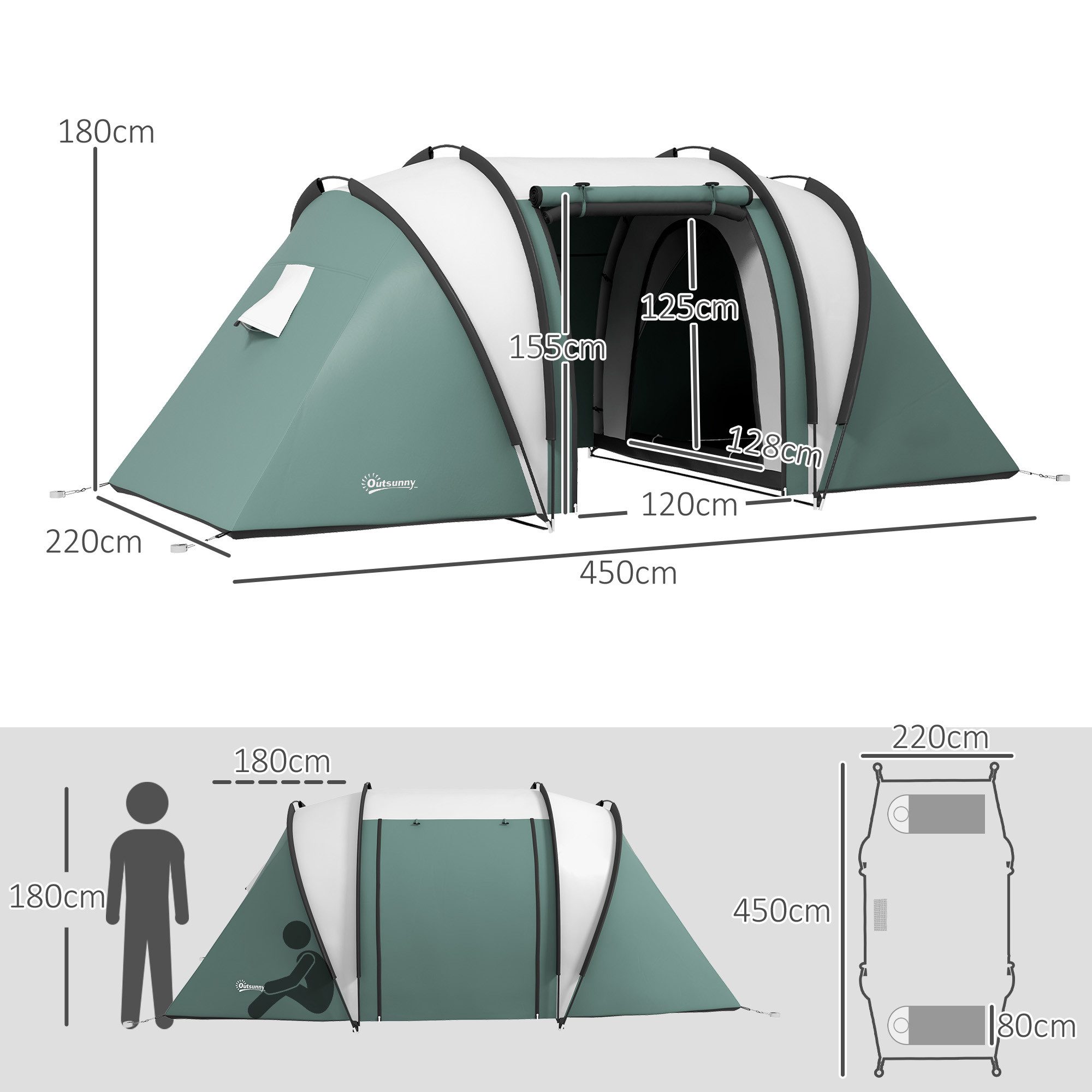 Outsunny Tunnelzelt mit 2 Zimmer Seitentür Fenster, Personen: 5 (Campingzelt, 1 tlg., Familienzelt), mit 3000mm Wassersäule, für Camping, Reise, Garten