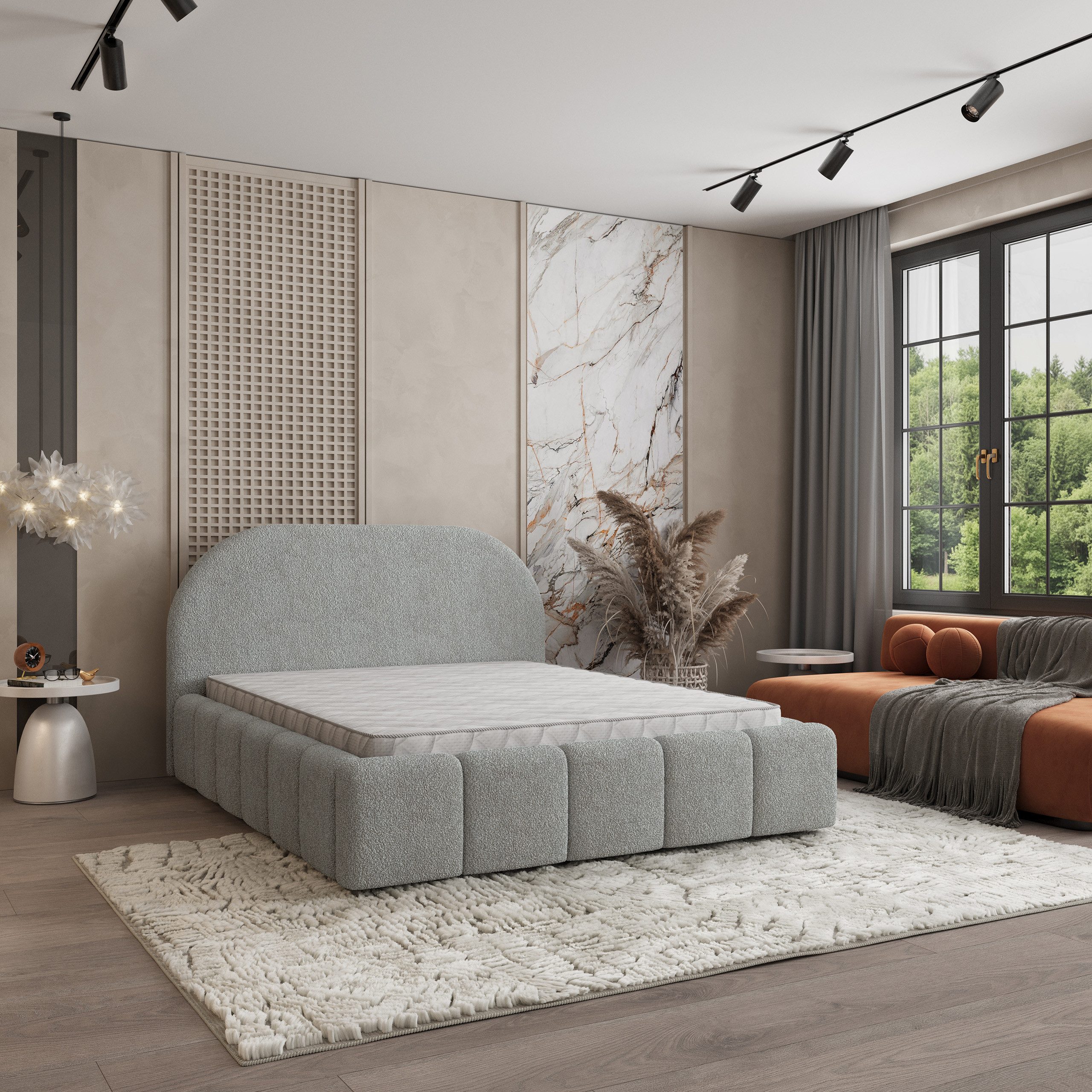 Masseno Polsterbett FLUSSO 180x200 cm grau (mit Bettkasten und Lattenrost)