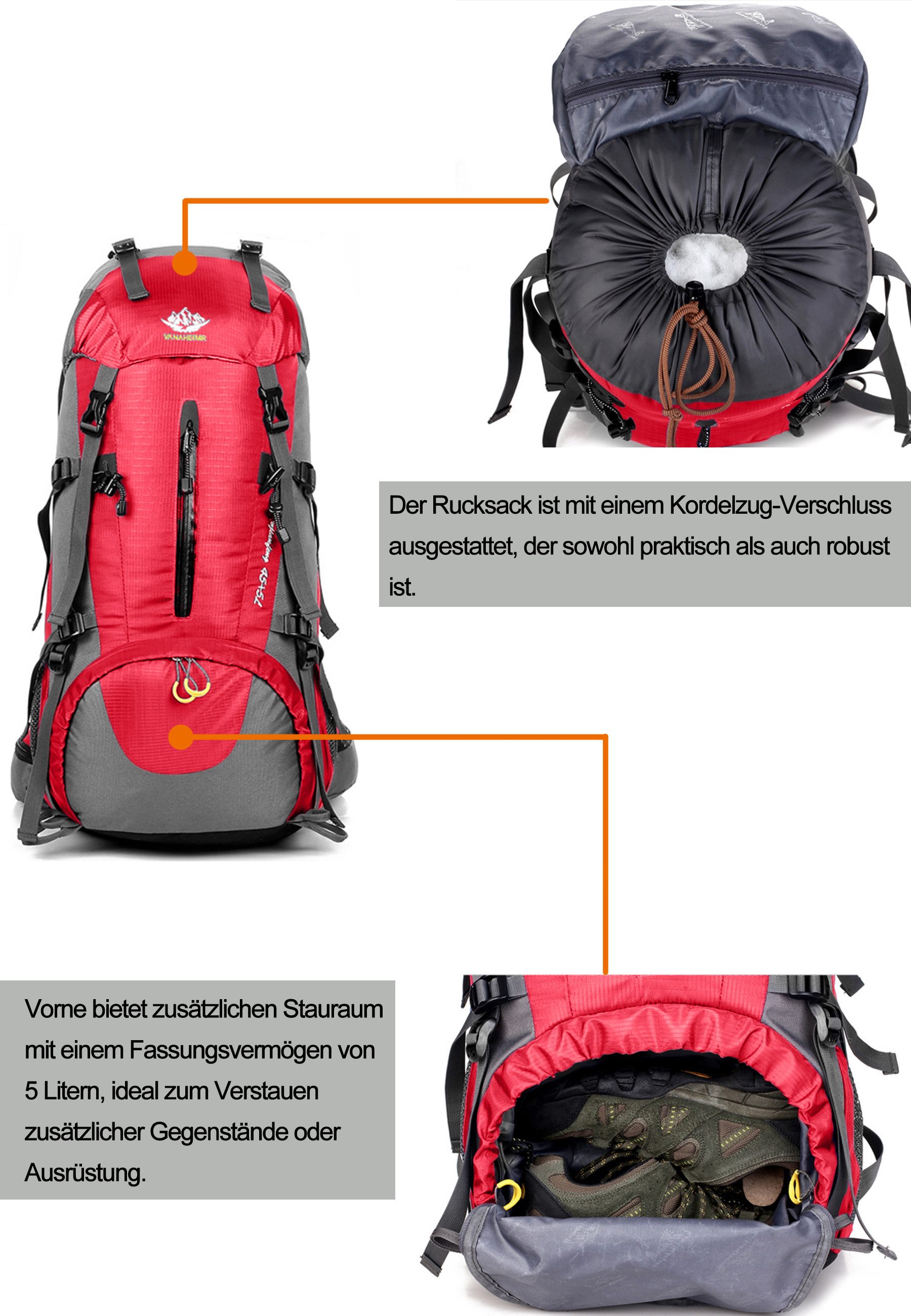 RAIKOU Wanderrucksack 50L Trekkingrucksack Wasserdicht, Reisetasche Ultralight (Regenhülle, Hüftgurt mit praktischen Taschen), Atmungsaktives Tragesystem – Bild 5 von 5