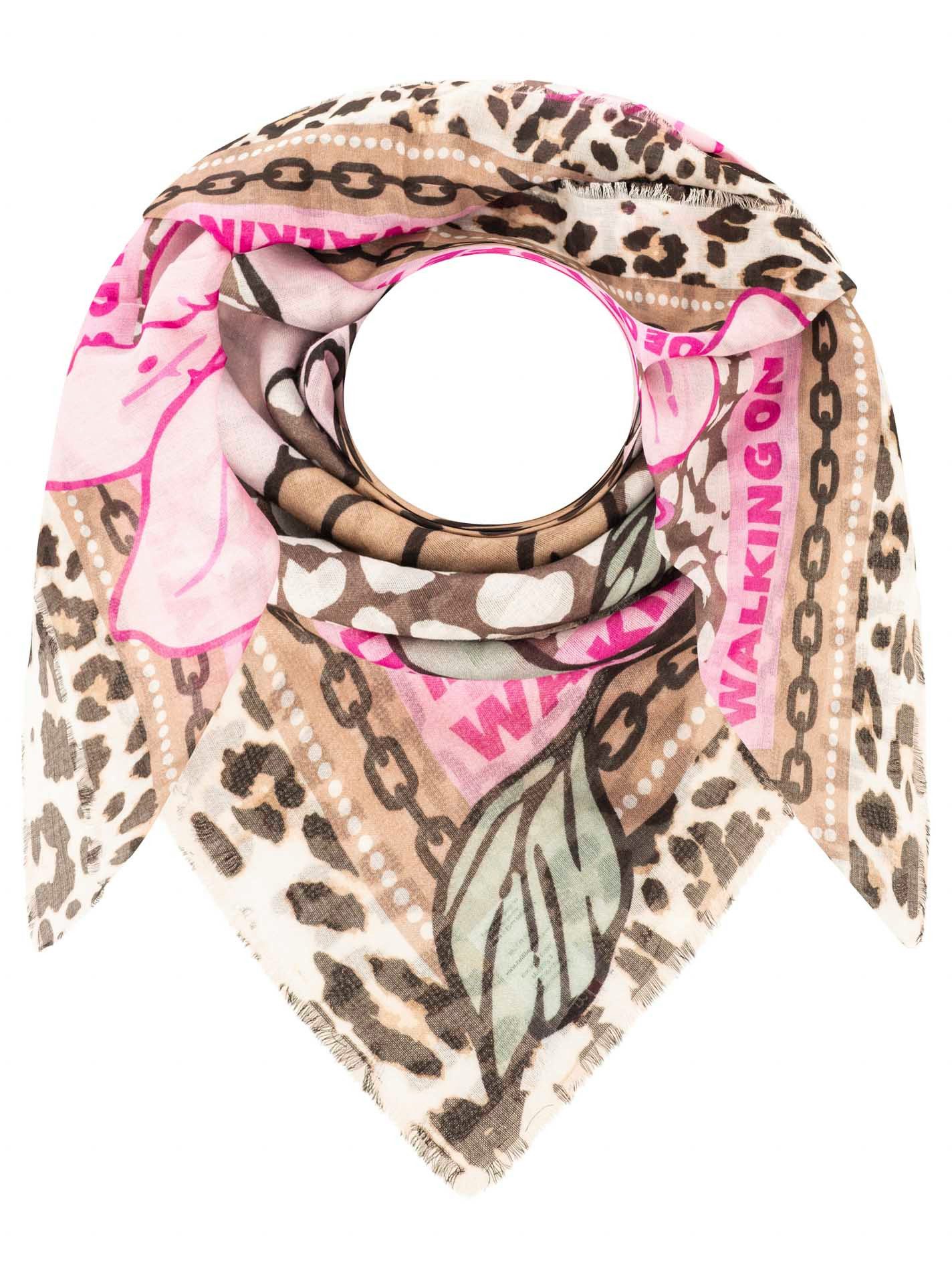 Zwillingsherz Modetuch "Wild Side of Life", Mustermix: Leopard und Blüten, Fransenabschlüsse rundum
