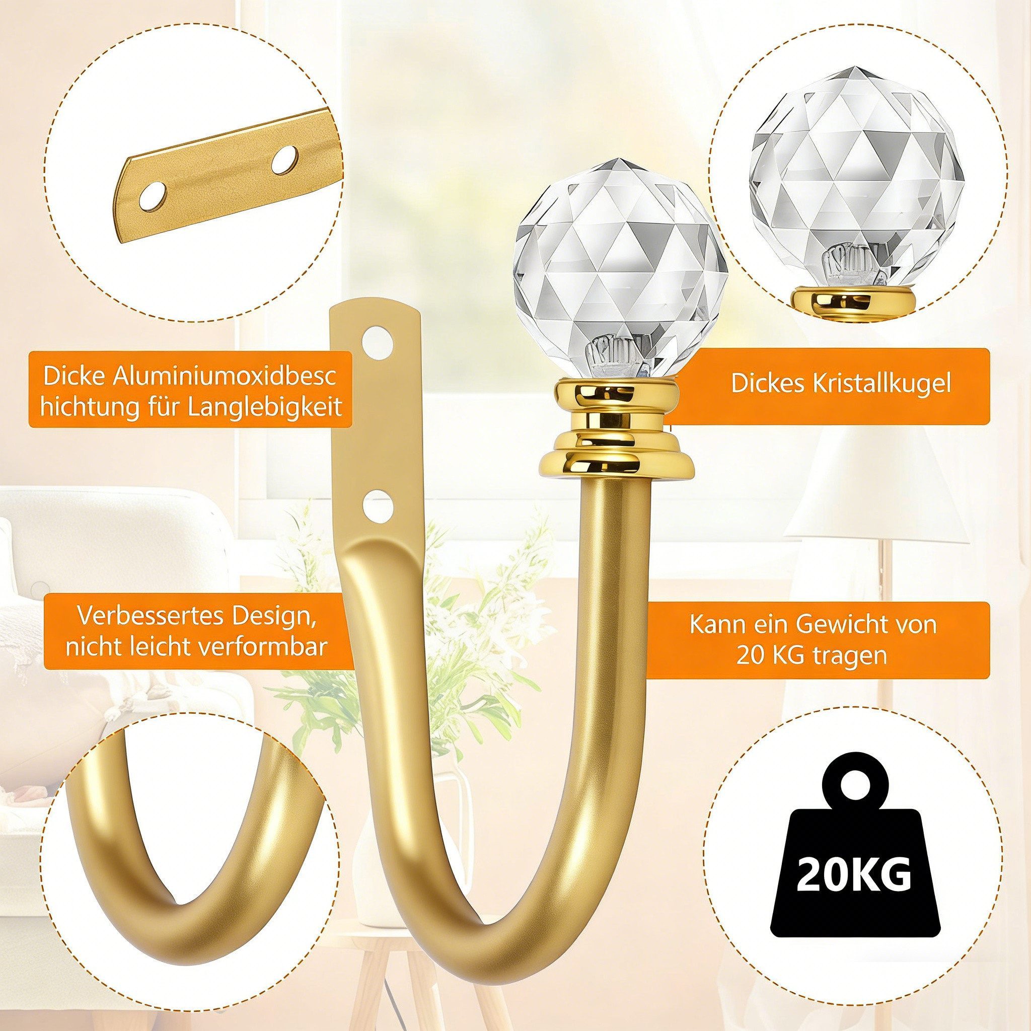 BlingBin Raffhalter Vorhanghalter, wandmontierte Vorhanghaken mit klarer Kristallkugel, Zuhause Wohnzimmer Schlafzimmer, (2er Set, 2-tlg., 10*10*3cm), U-förmige Gardinenraffer, für Zuhause Wohnzimmer Schlafzimmer