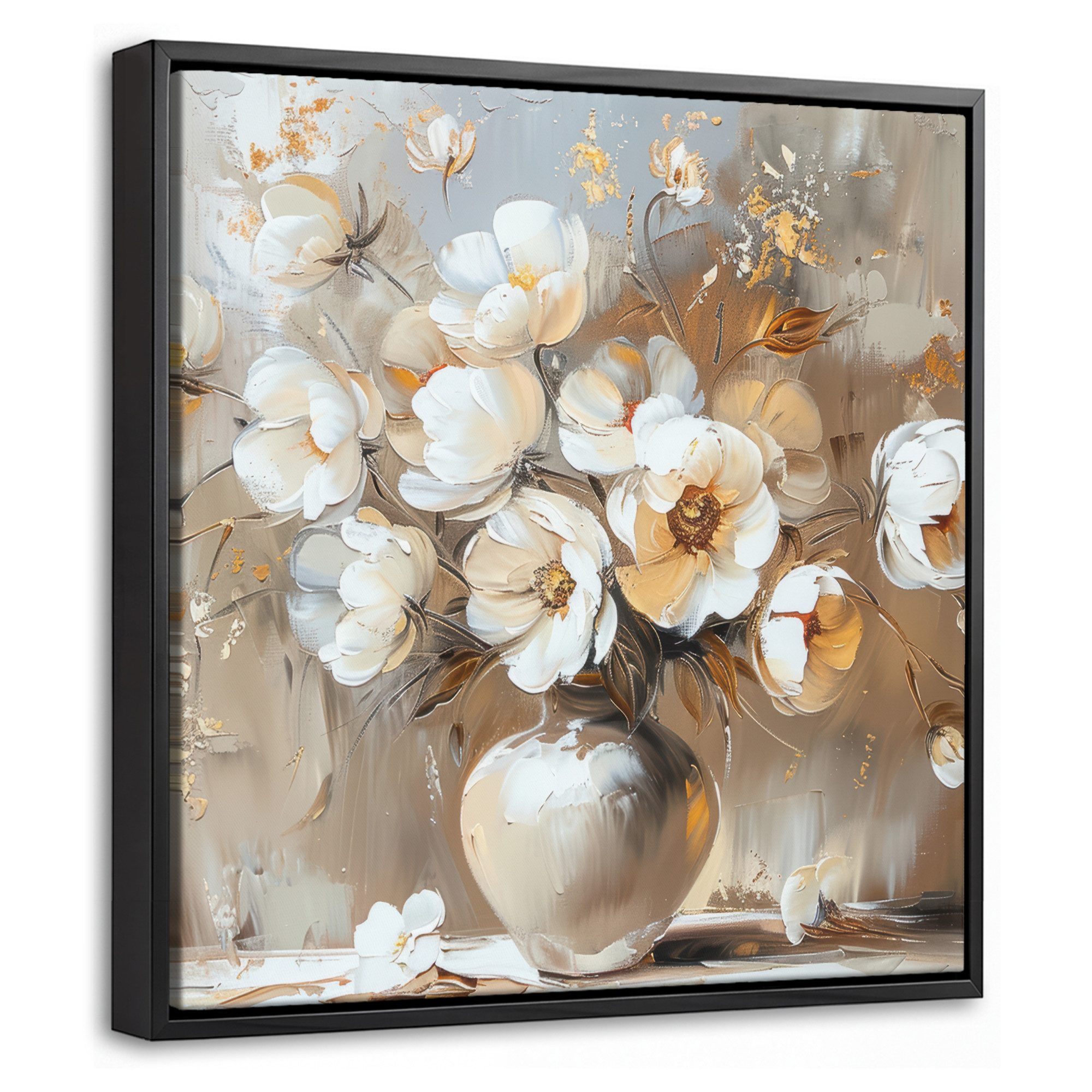 OneMillionCanvasses® Leinwandbild mit Rahmen - Vase - Blumen - Kunst - Gold, Fotodruck (1 St), Leinwand Bilder Klein, Wand Dekoration Aesthetic 20x20cm