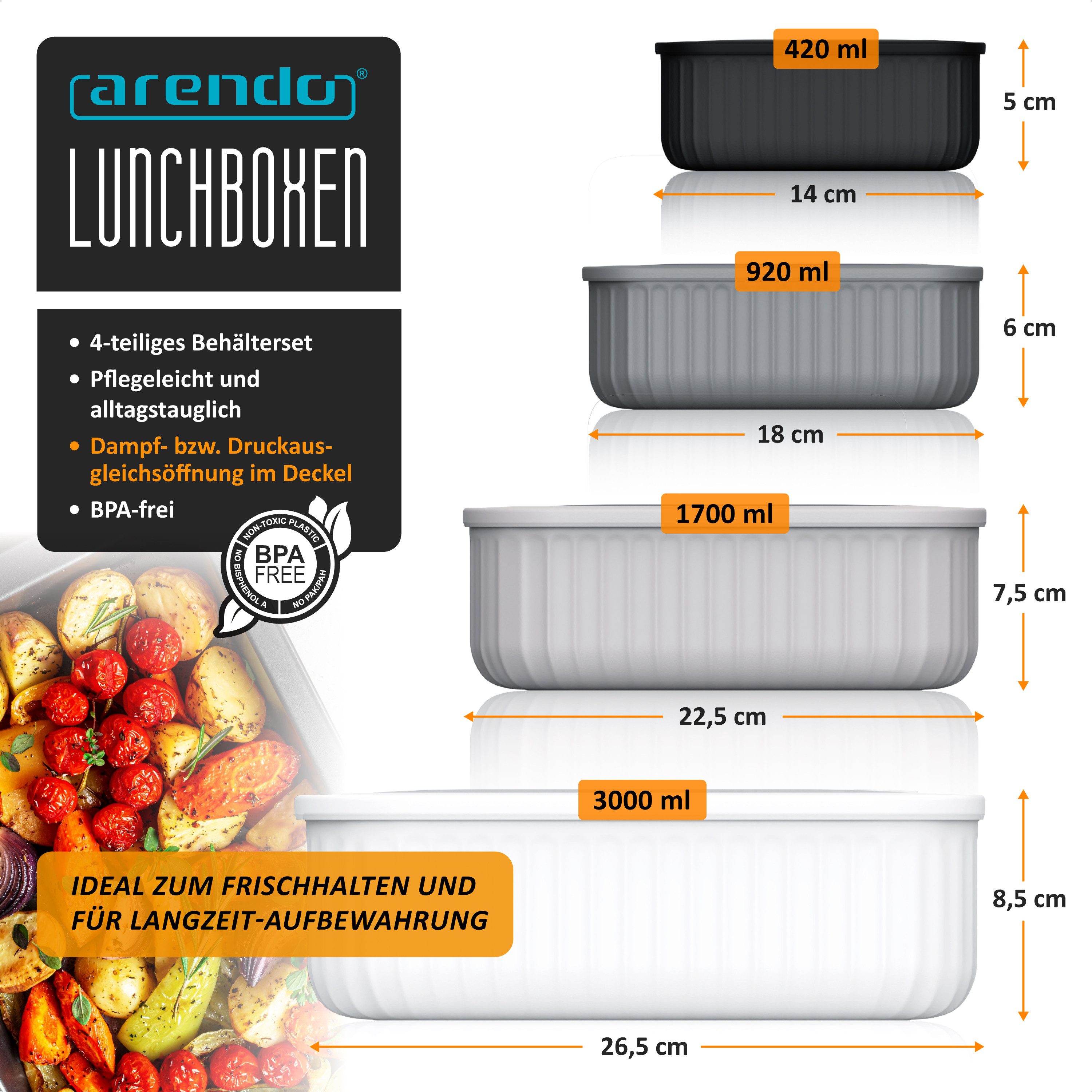 Arendo Frischhaltedose mit Deckel & Ventil, 4er Set, Vorratsdosen, Lunchboxen, auslaufsicher, Kunststoff, (Set, 4-tlg., 4 Größen (3 L, 1,7 L, 0,92 L, 0,42 L), stapelbar, BPA-Frei), Mikrowellen, Gefrier & spülmaschinengeeignet, lebensmittelecht