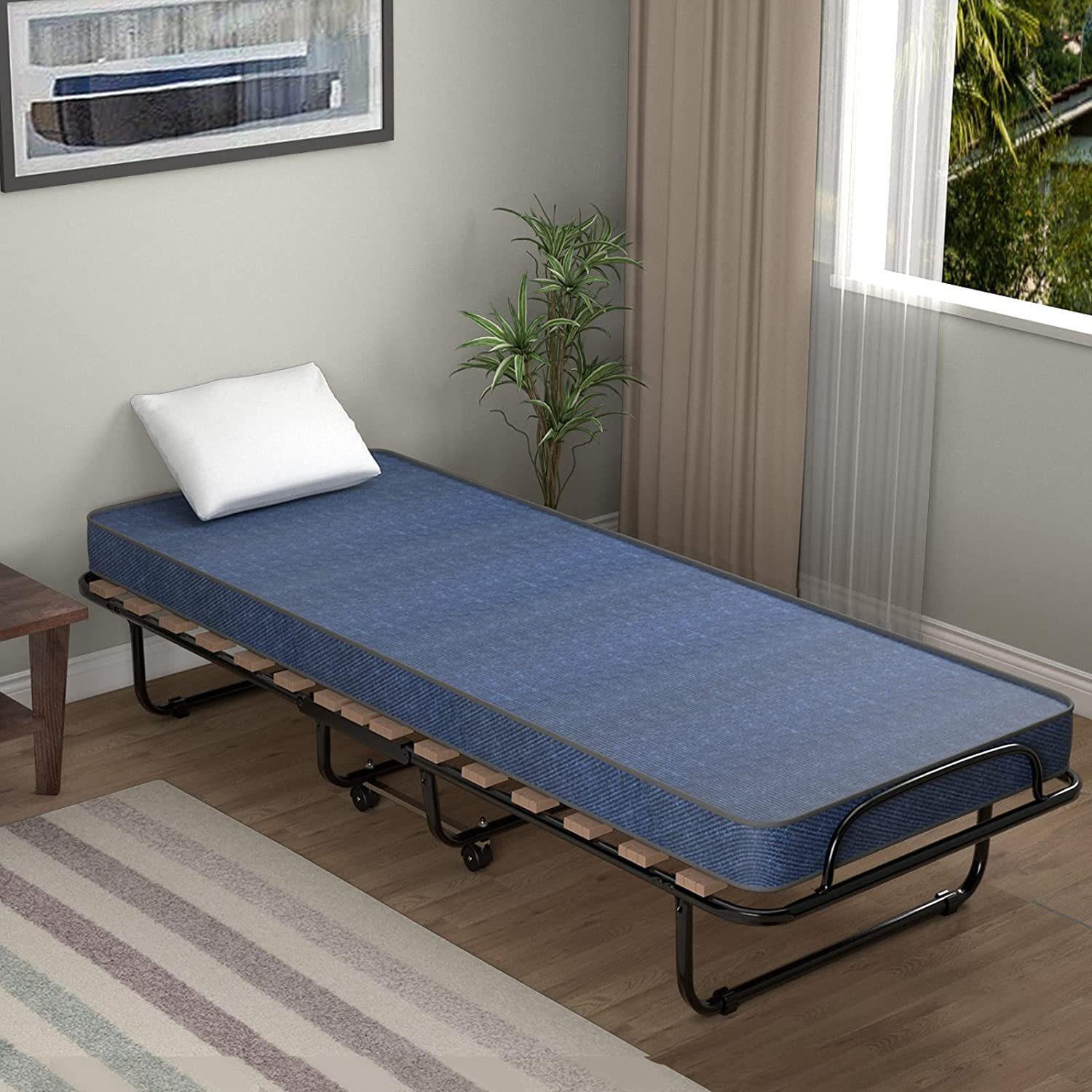 COSTWAY Gästebett klappbar 80x190cm auf Rädern, Blau 130kg Matratze, mit bis