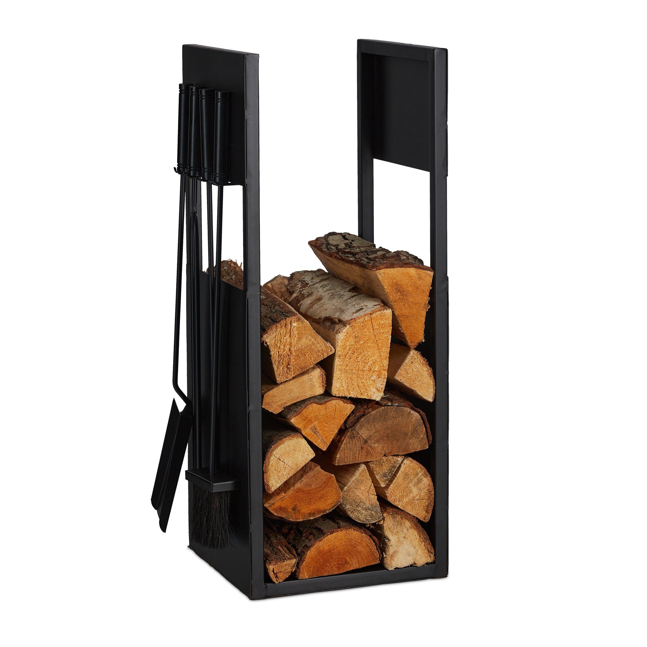 relaxdays Kaminholzregal Schwarzes Kaminholzregal mit Besteck, günstig online kaufen