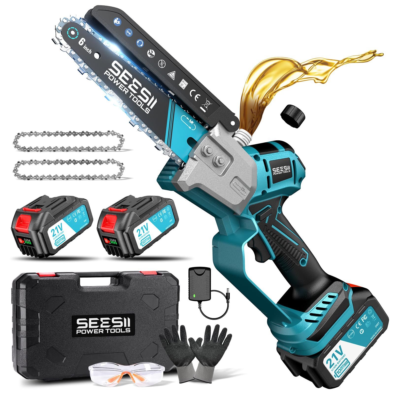 SEESII Akku-Kettensäge Mini Kettensäge, 6 Zoll bürstenlose Akkusäge mit Automatischem Öler, 15 cm Schwertlänge, mit 2 x 4000 mAh Akkus, Kompatible mit Makita Akku 18V, Elektrische Säge für Holz, Ast