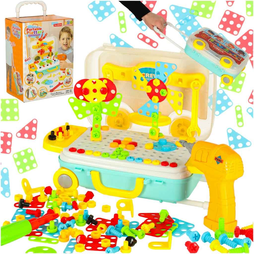 Ikonka Kinder Werkzeugkoffer Schraubspiel Konstruktionsset 258 Teile Konstruktions-Spielset, (Werkzeugkoffer Schraubspiel Konstruktionsset für kreatives Bauen Kinder, 256 St., Kinder Schraubset Konstruktionsspiel 258 Teile mit Schraubendreher), Kreatives Spiel, Motoriktraining, Schraubspiel, transportabel