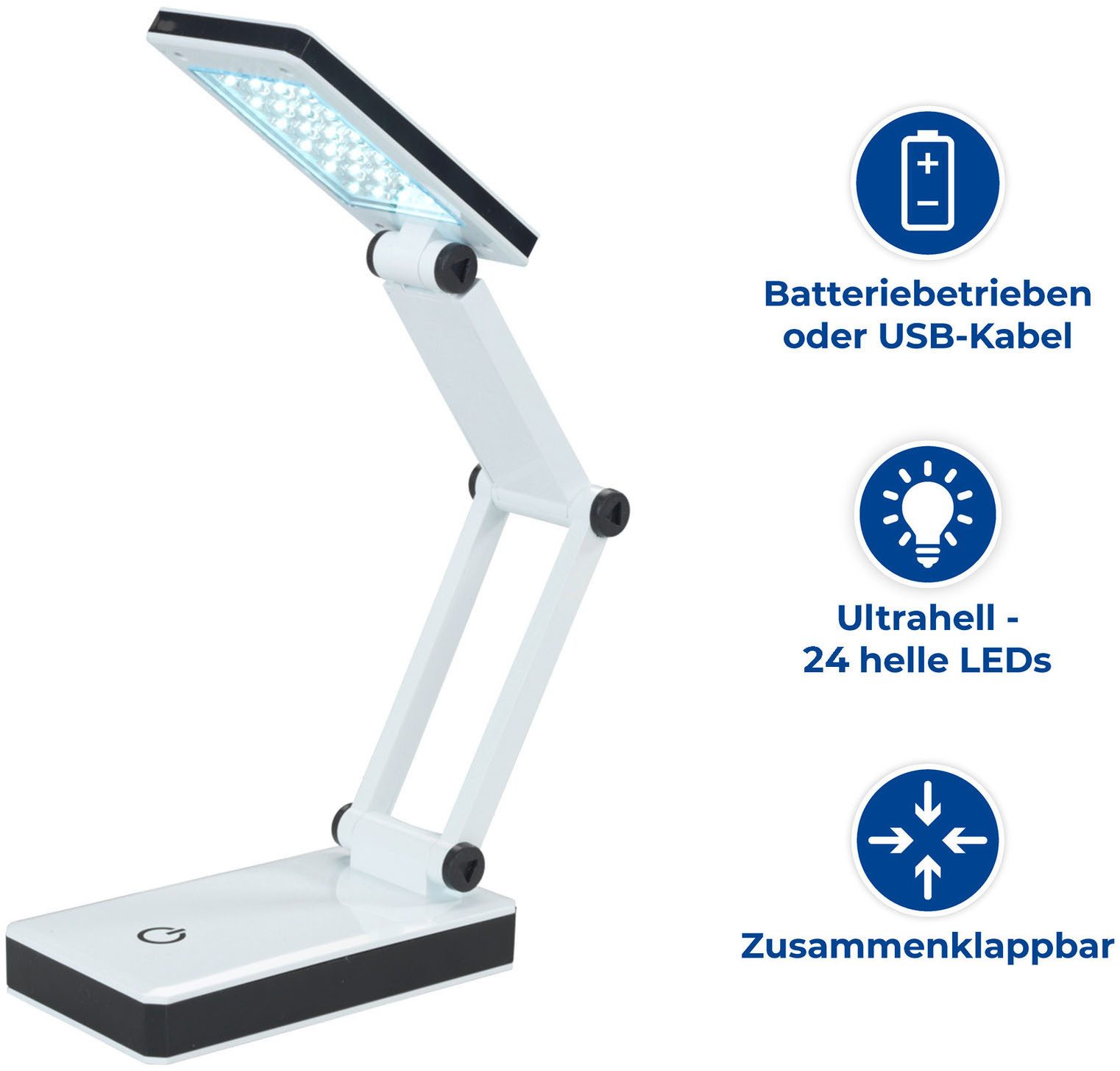 Maximex LED Schreibtischlampe faltbar, mehrere Helligkeitsstufen, LED fest integriert, Neutralweiß, LED Lampe, stufenlos verstellbar, USB-Port oder Batteriebetrieb