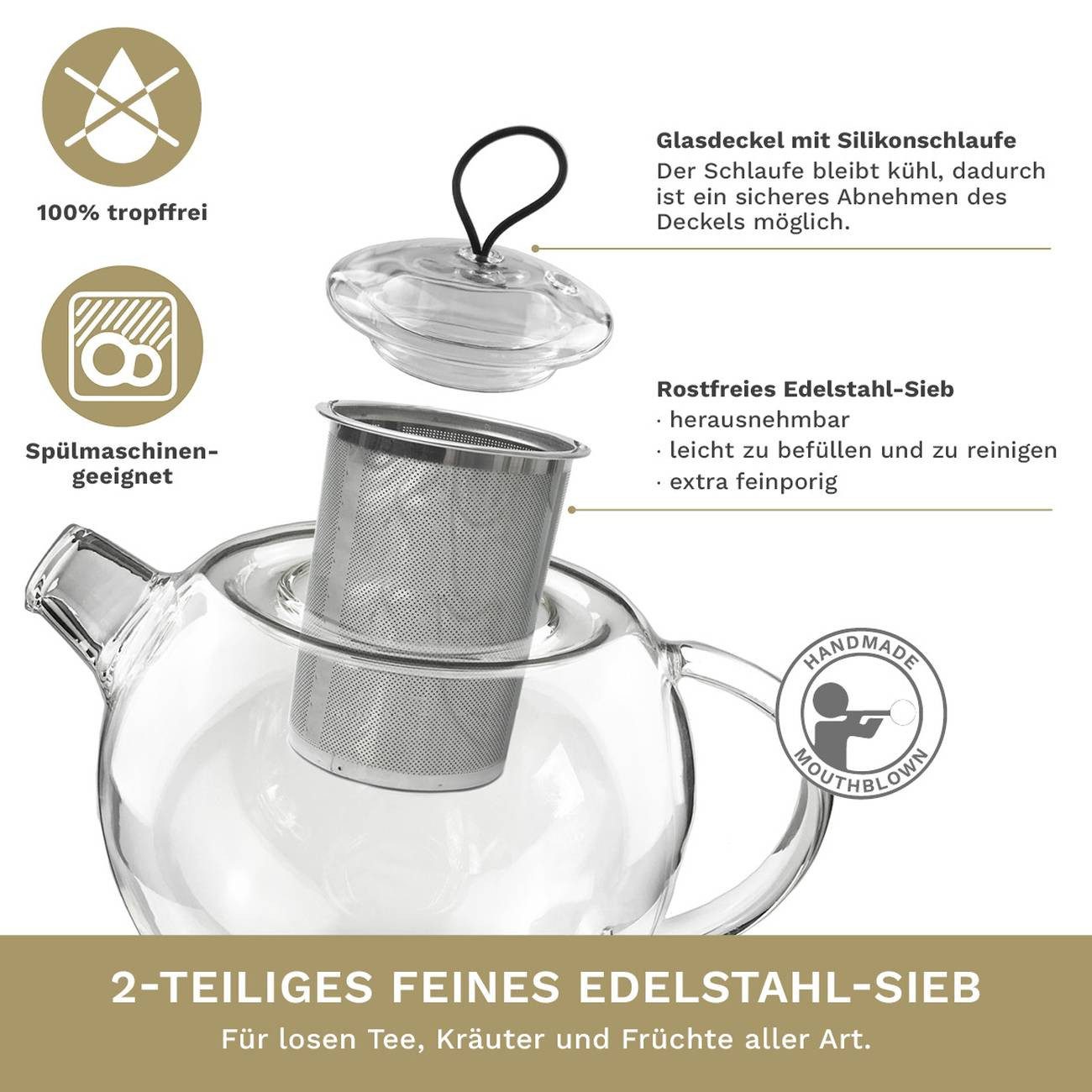 Creano Teekanne Teekanne 2,0l “Jumbo” mit Metall-Sieb, 250 l, (Set, 1 Teekanne, 1 Deckel), 1x bedrucktes Glas