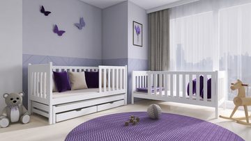 thematys Etagenbett Stockbett Hochbett Kinderbett 90x200 + Lattenrost und Rausfallschutz (für 2 oder 3 Kinder), mit Ausziehbett, zwei Schubladen, umbaubar zu drei Einzelbetten