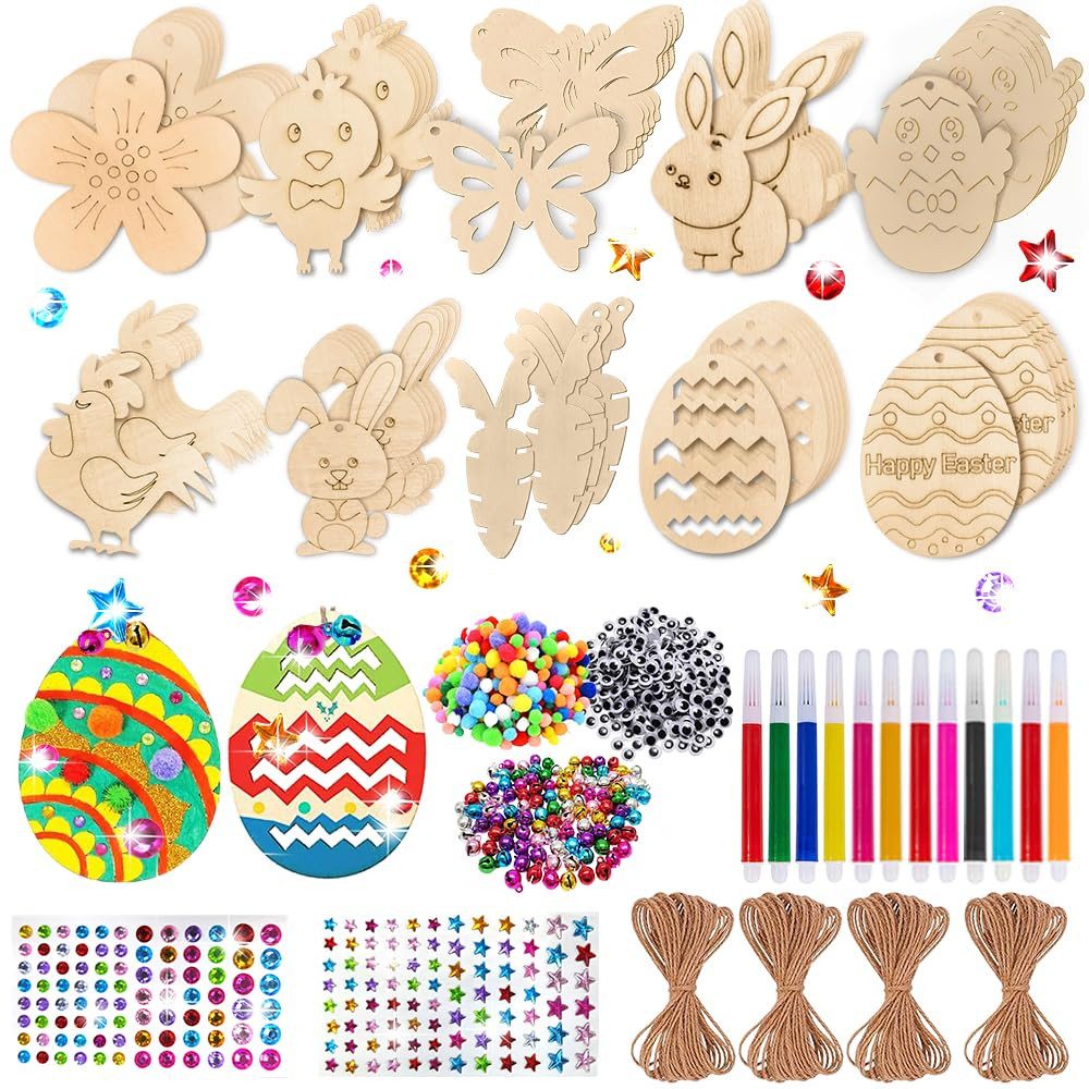Coonoor Osterei Ostern Basteln Holz, Holzanhänger Ostern zum Bemalen (264 St), Bastelset Ostern Kinder, DIY Anhänger Ostern