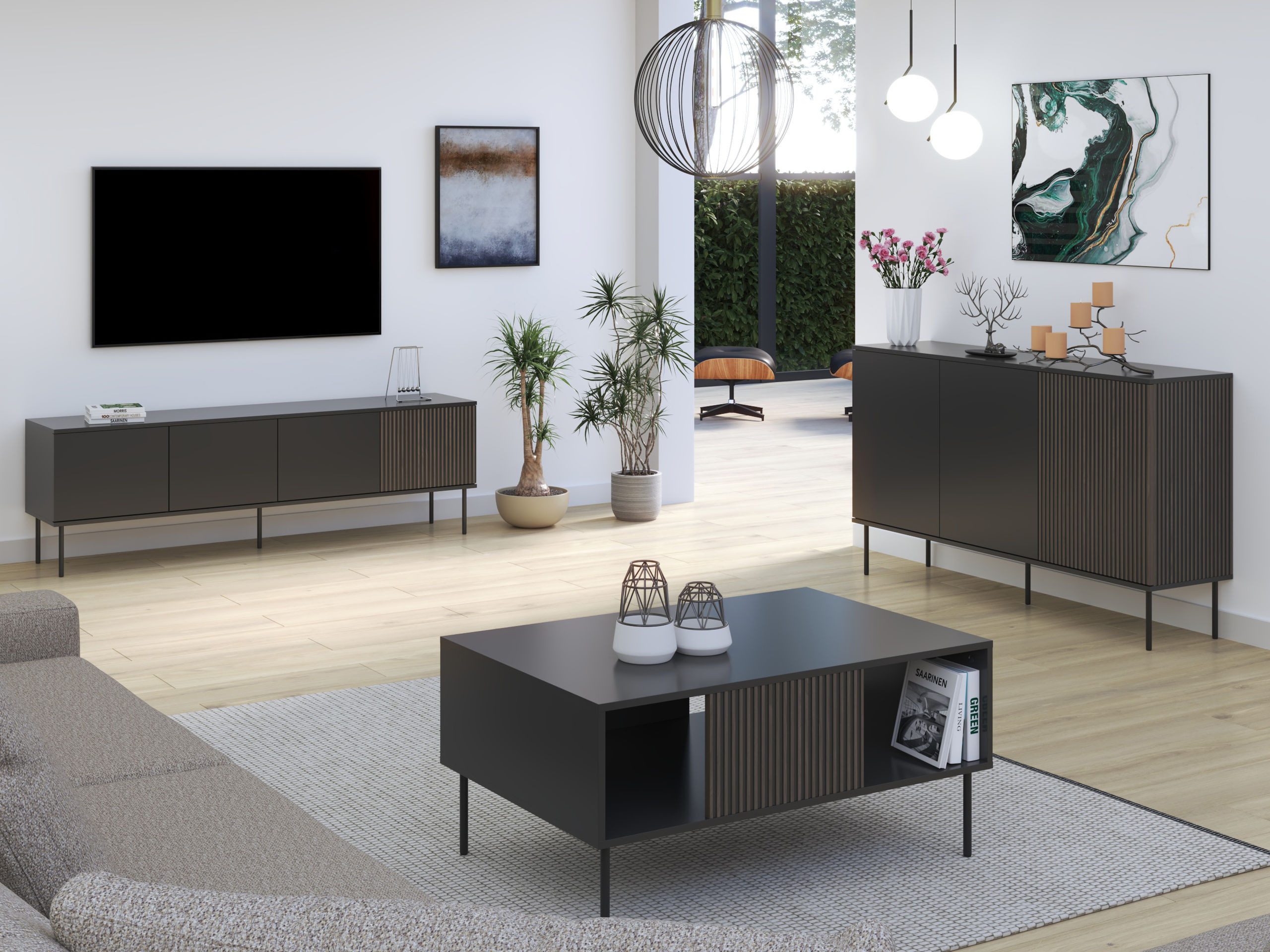 MIRJAN24 Wohnzimmer-Set Notte I, (3er-Set, Kommode, Couchtisch TV-Lowboard), Gedämpftem Schließsystem, Metallfüße 20 cm