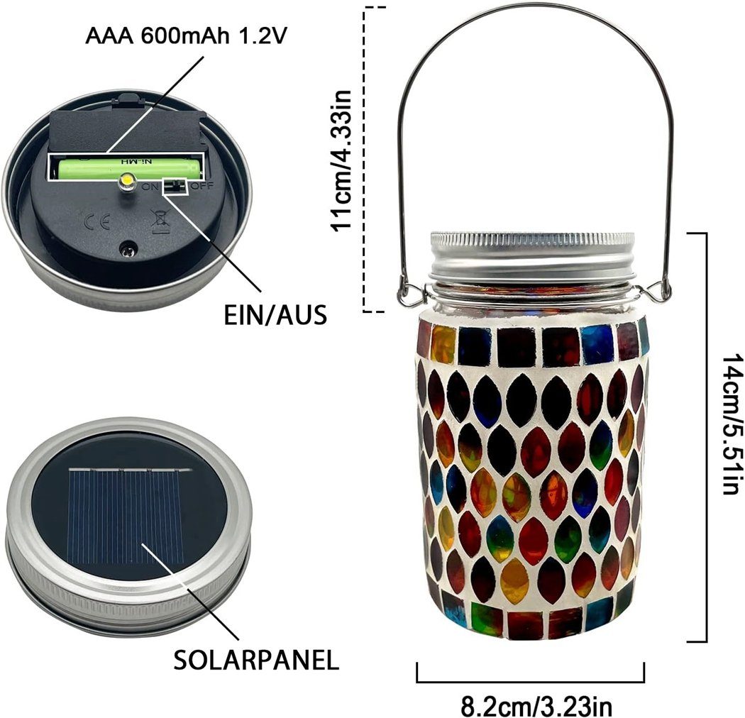 TUABUR Gartenleuchte Solar-Mosaik-Lampe, Einmachglas-Lampe, Solar-Laterne-Tischlampe Rot