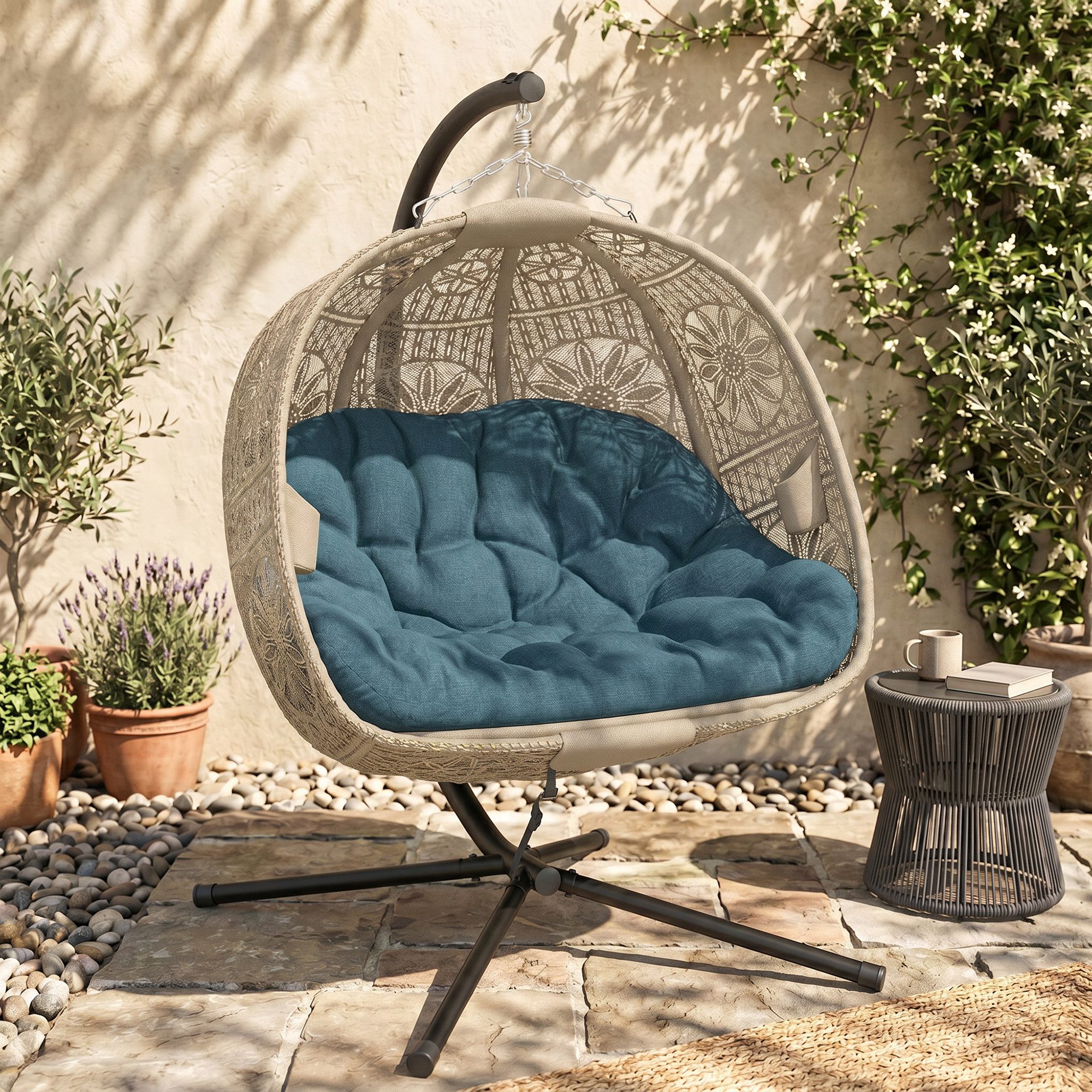 Outsunny Hängesessel Hängematte für 2 Personen, Schaukelsessel Indoor Outdoor (Hängestuhl, 1-St., Hängeschaukel), Faltbar Blumen-Strickstoff Stahl