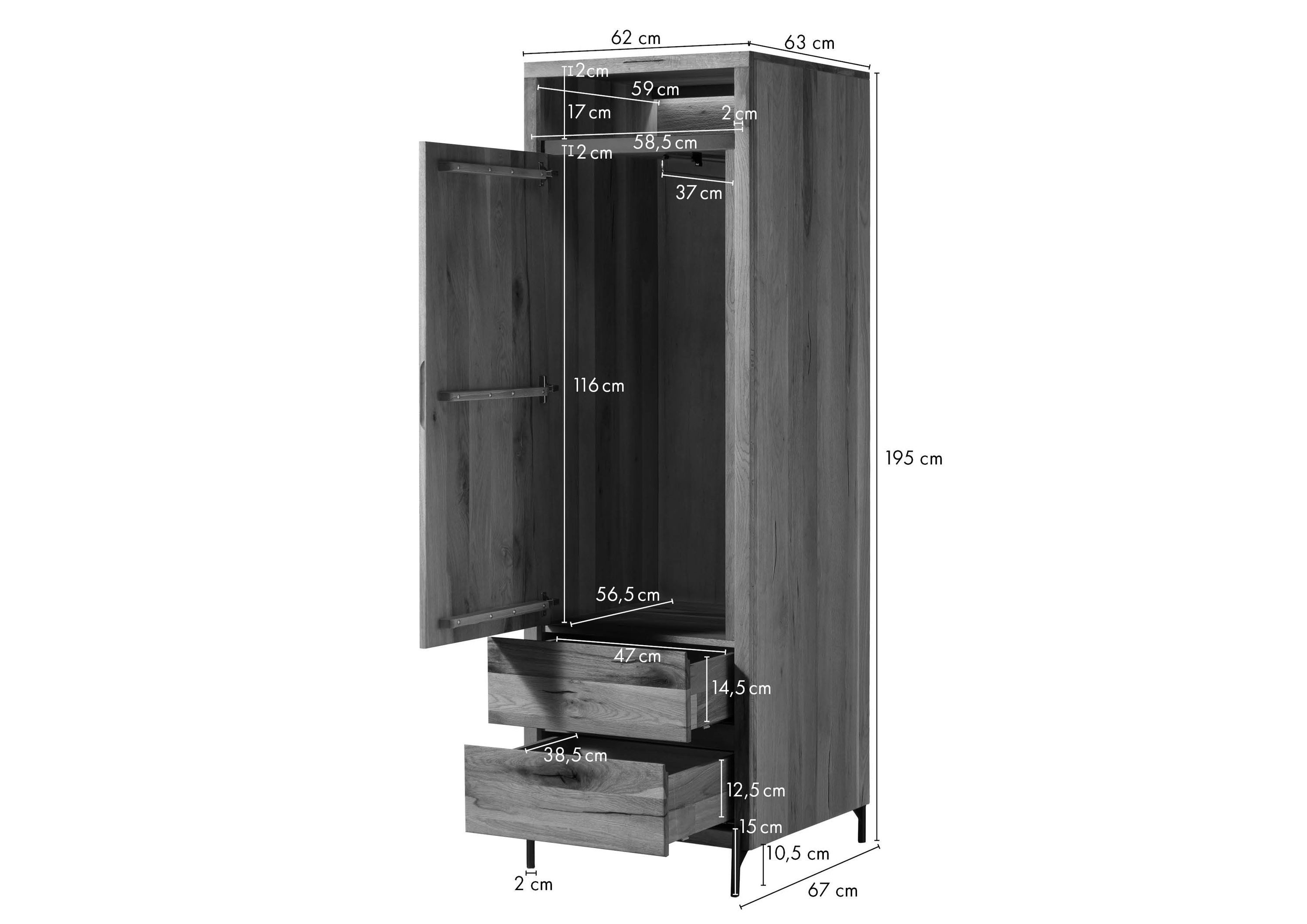 Massivmoebel24 Garderobenschrank MONTREUX LUX (Wild-/Zerreiche 62x67x195 natur geölt MONTREUX LUX #135) Wild-/Zerreiche 62x67x195 natur geölt MONTREUX LUX #135