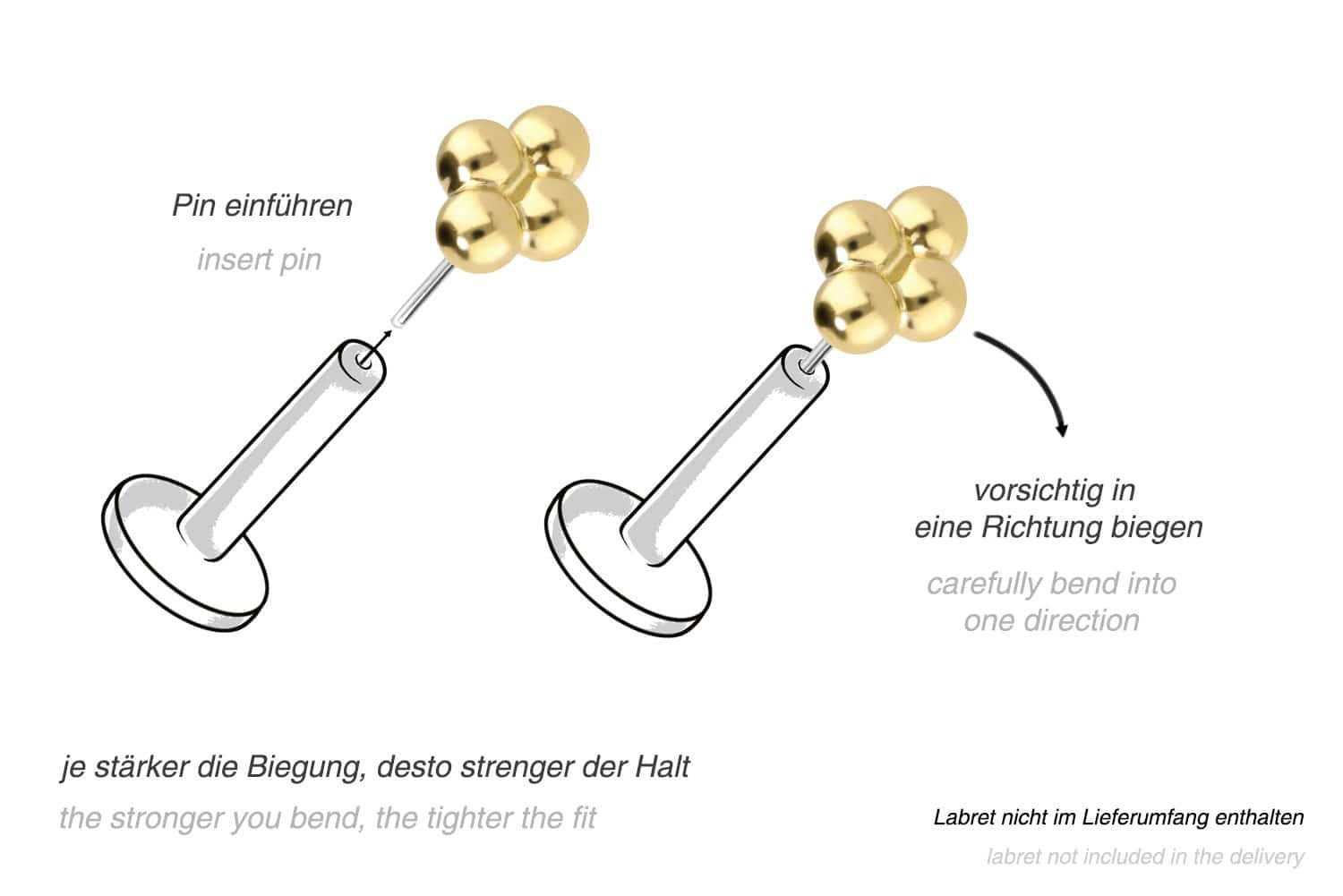 PIERCINGLINE Piercing-Set 14 Karat Gold Aufsatz mit Titan Push Pin 4 KUGELN (Push Pins, 1-tlg)