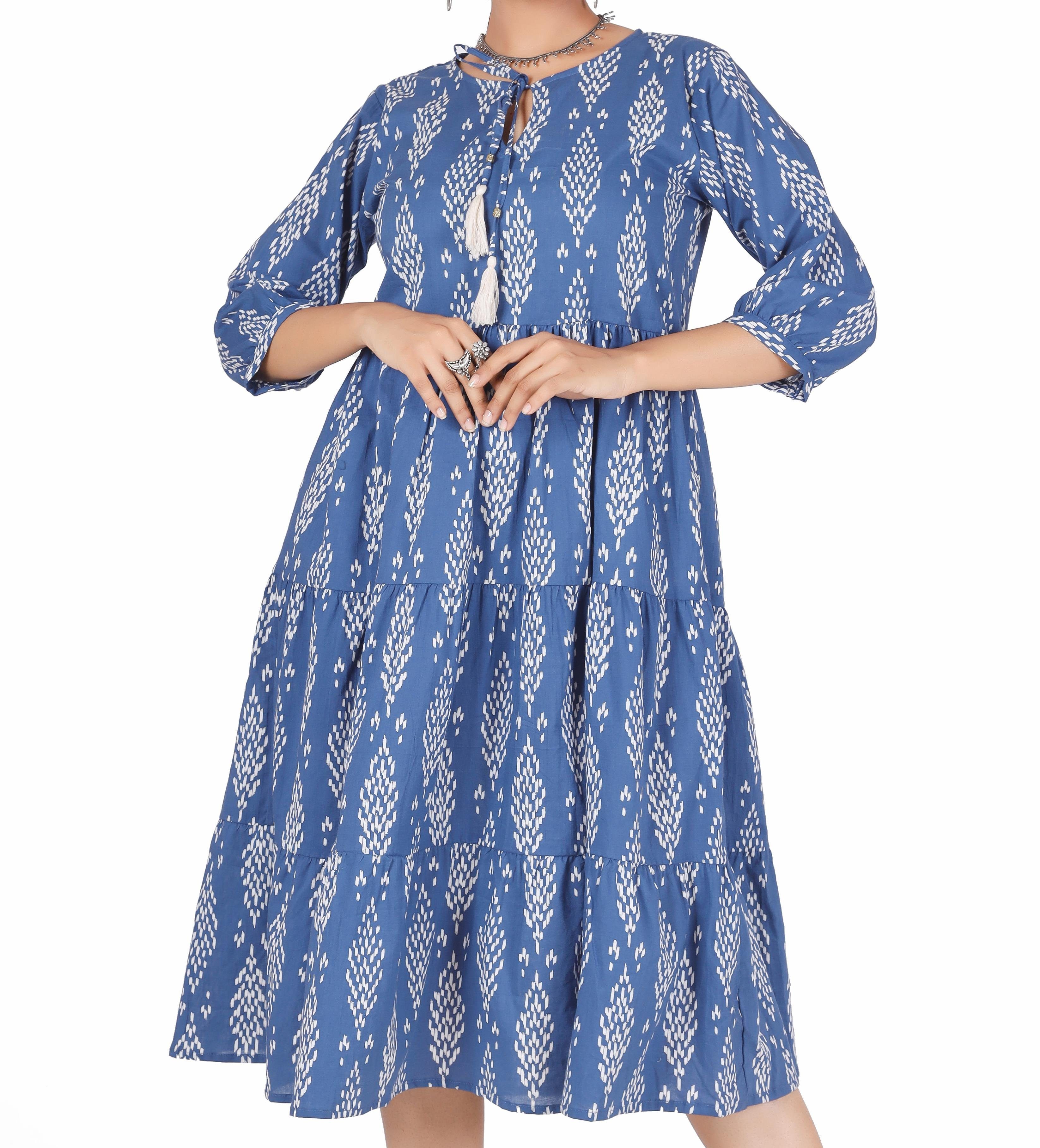 bedrucktes indigo Midikleid Bekleidung Guru-Shop Boho Midikleid,.. alternative Sommerkleid,