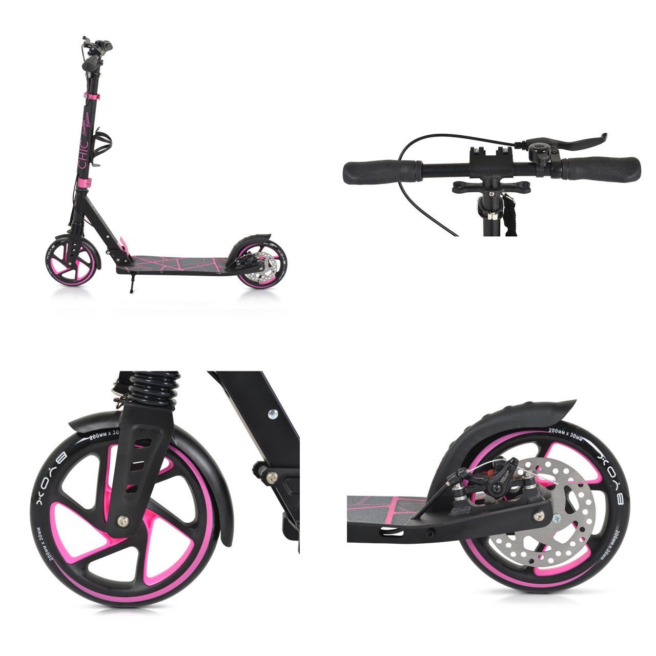 Seitenständer, PU-Räder, LED-Licht, Lager, Byox Kinderroller pink ABEC-7 Chic faltbar Cityroller