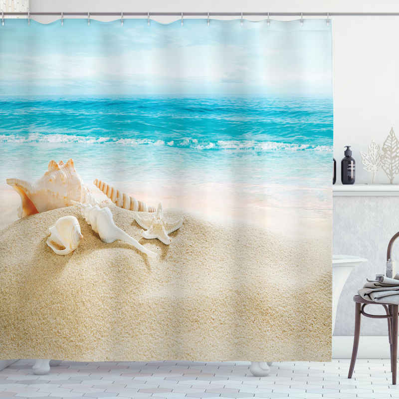 Abakuhaus Duschvorhang Moderner Digitaldruck mit 12 Haken auf Stoff Wasser Resistent Breite 175 cm, Höhe 180 cm, Muscheln Pastell-Strand-Szene