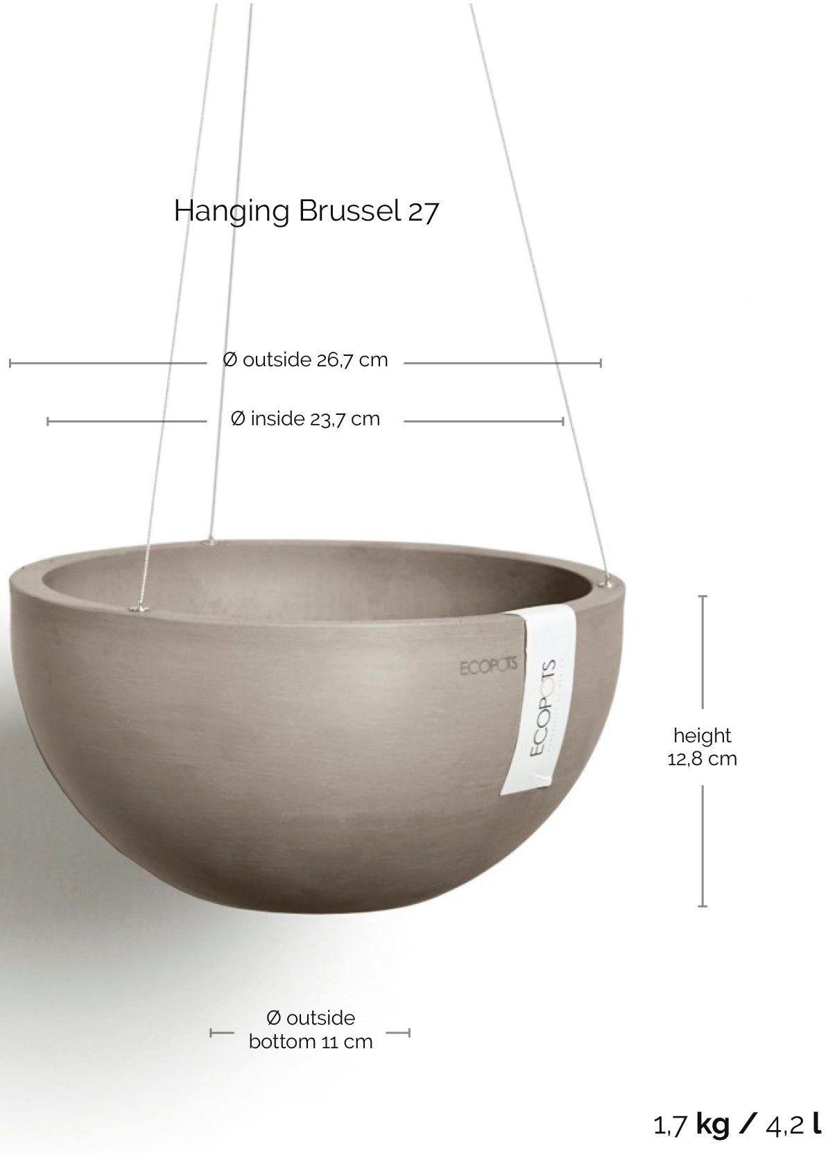 ECOPOTS Blumentopf Brussels hängend 27 Taupe, für innen und außen: frostsicher, bruchsicher und lichtbeständig
