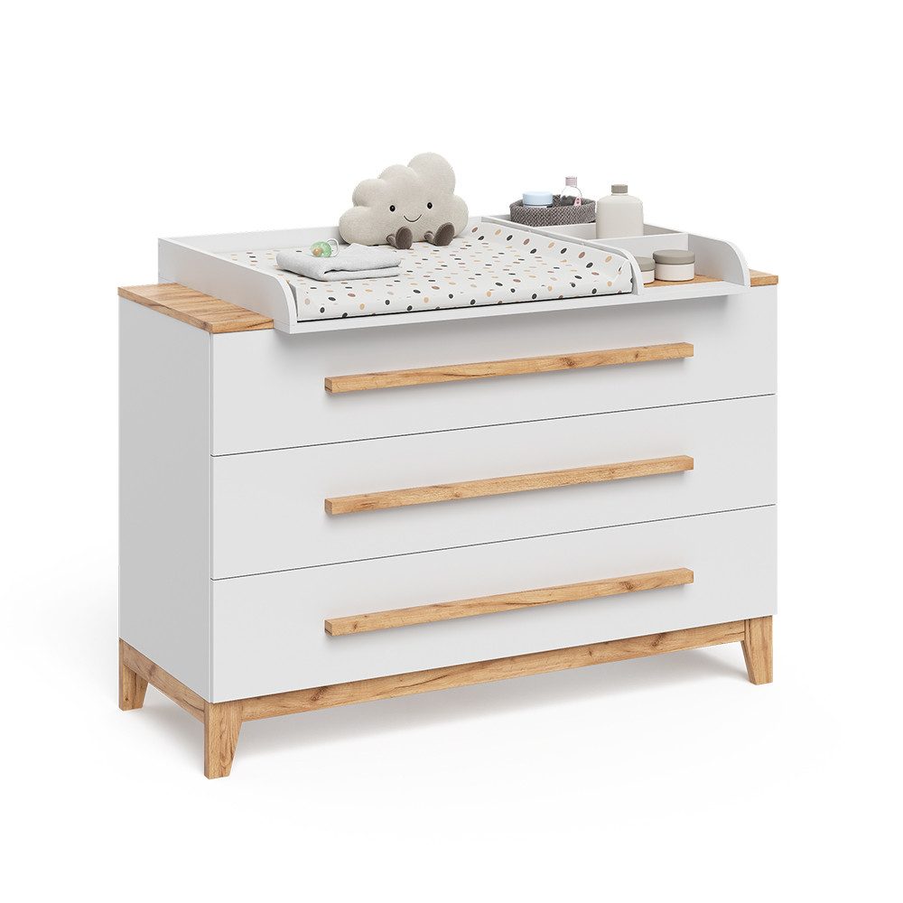 VitaliSpa® Wickelkommode Malia, Weiß/Artisan, 133.2 x 98 cm mit 3 Schubladen