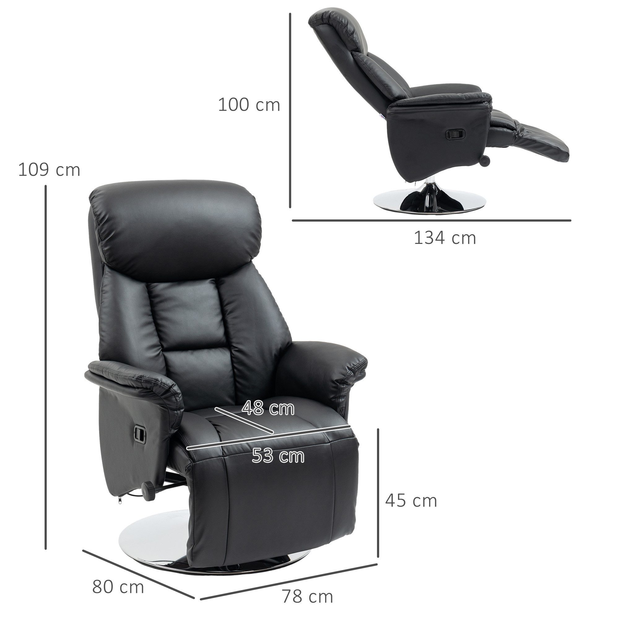 HOMCOM Relaxsessel Fernsehsessel mit Liegefunktion, drehbar, gepolstert, Ruhesessel (Fernsehsessel, 1-St., Liegesessel), für Wohnzimer, Schwarz – Bild 3 von 5
