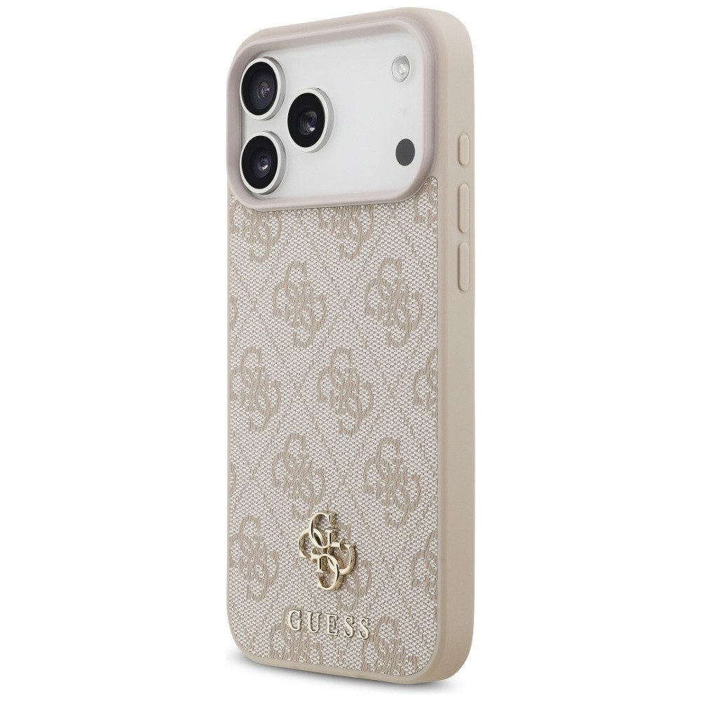 Guess Handyhülle Case iPhone 17 Pro Max MagSafe Kunstleder rosa Logo goldfarben 6,9 Zoll, Kantenschutz