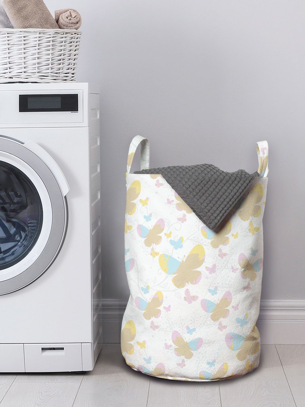 Abakuhaus Wäschesäckchen Wäschekorb mit Griffen Kordelzugverschluss Waschsalons, in Pastell Aquarell Schmetterlinge für